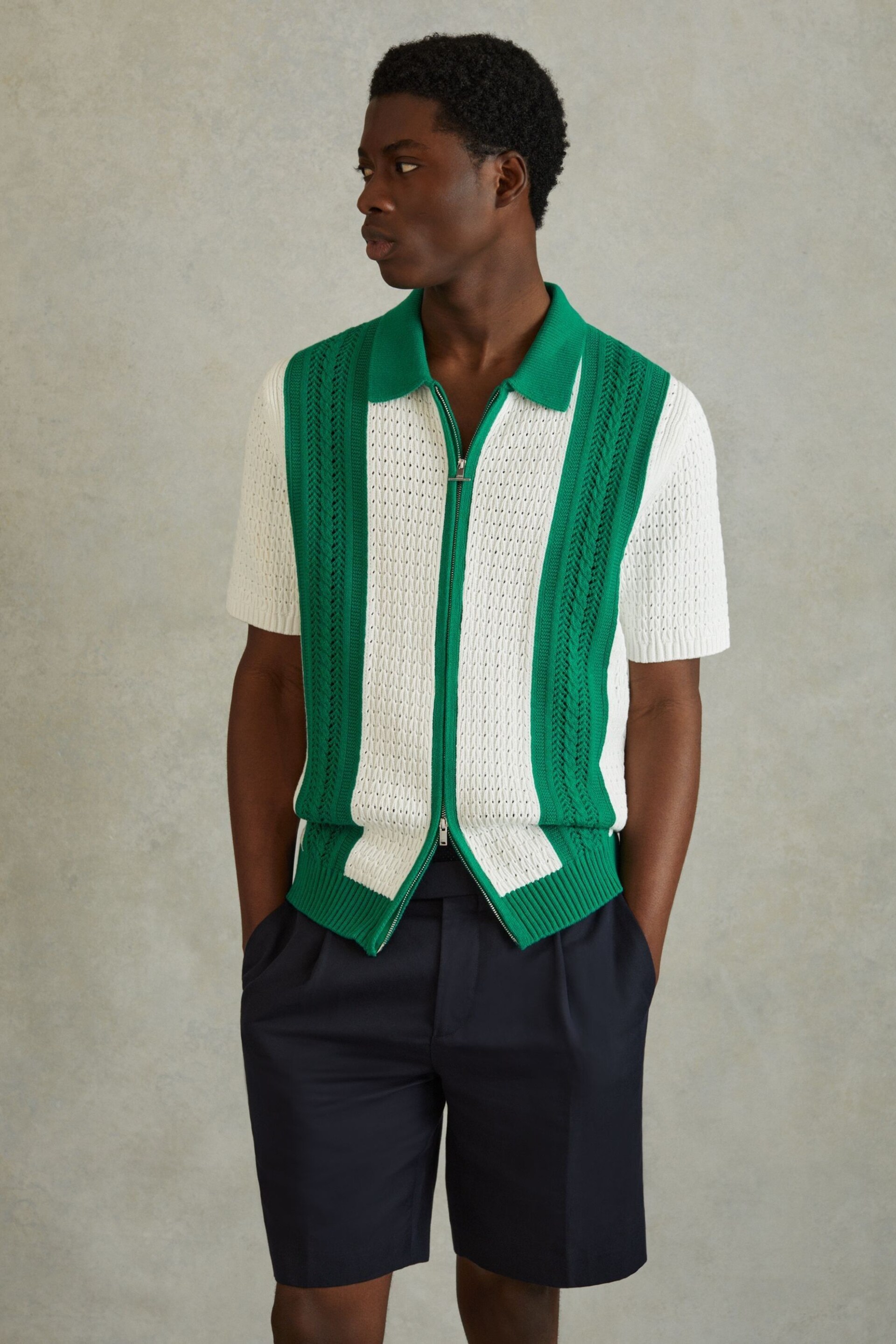 Reiss White/Bright Green Painter Crochet Zip-Front Shirt - Image 3 of 5