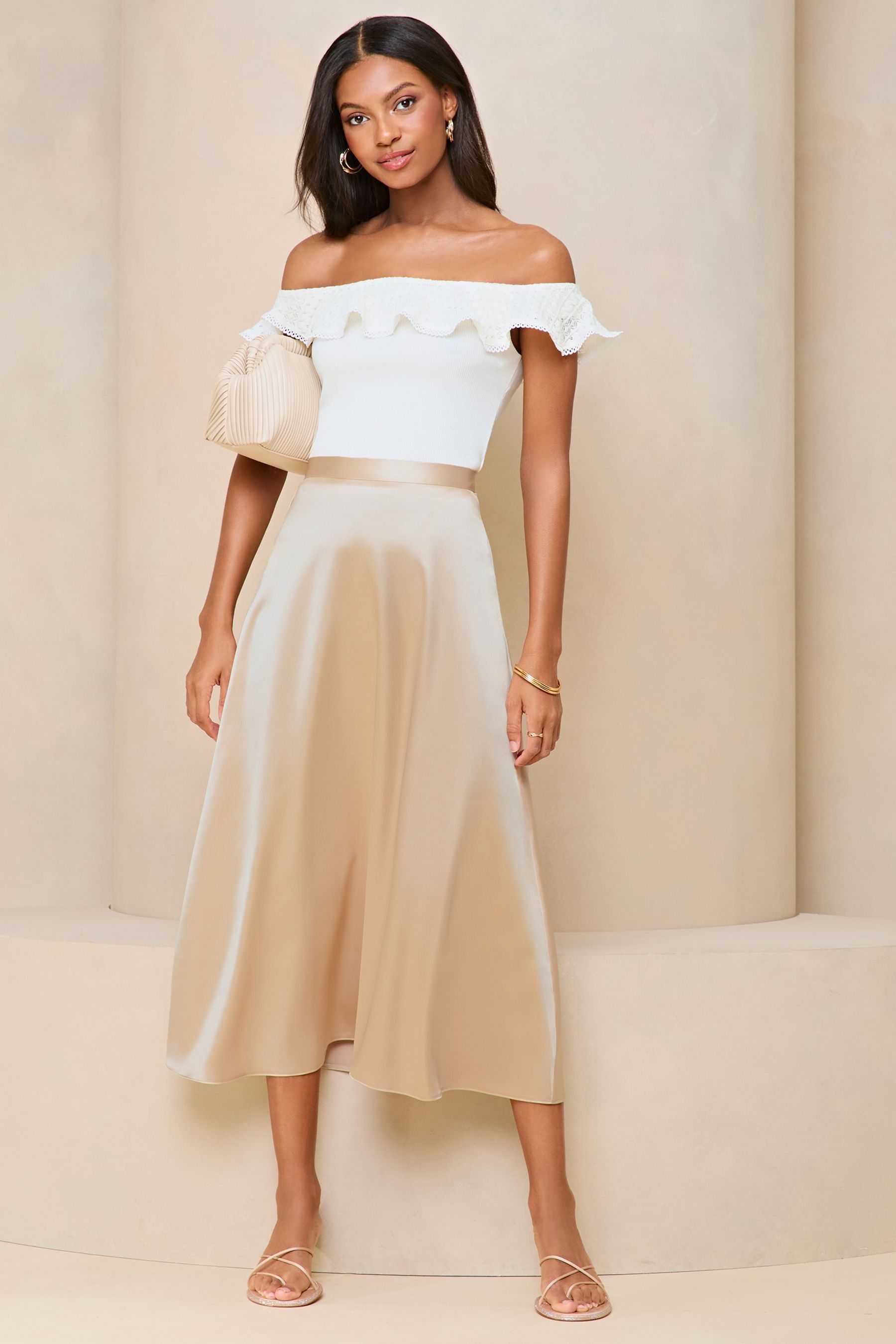 Lipsy Champagne Gold Satin A Line Midi Skirt