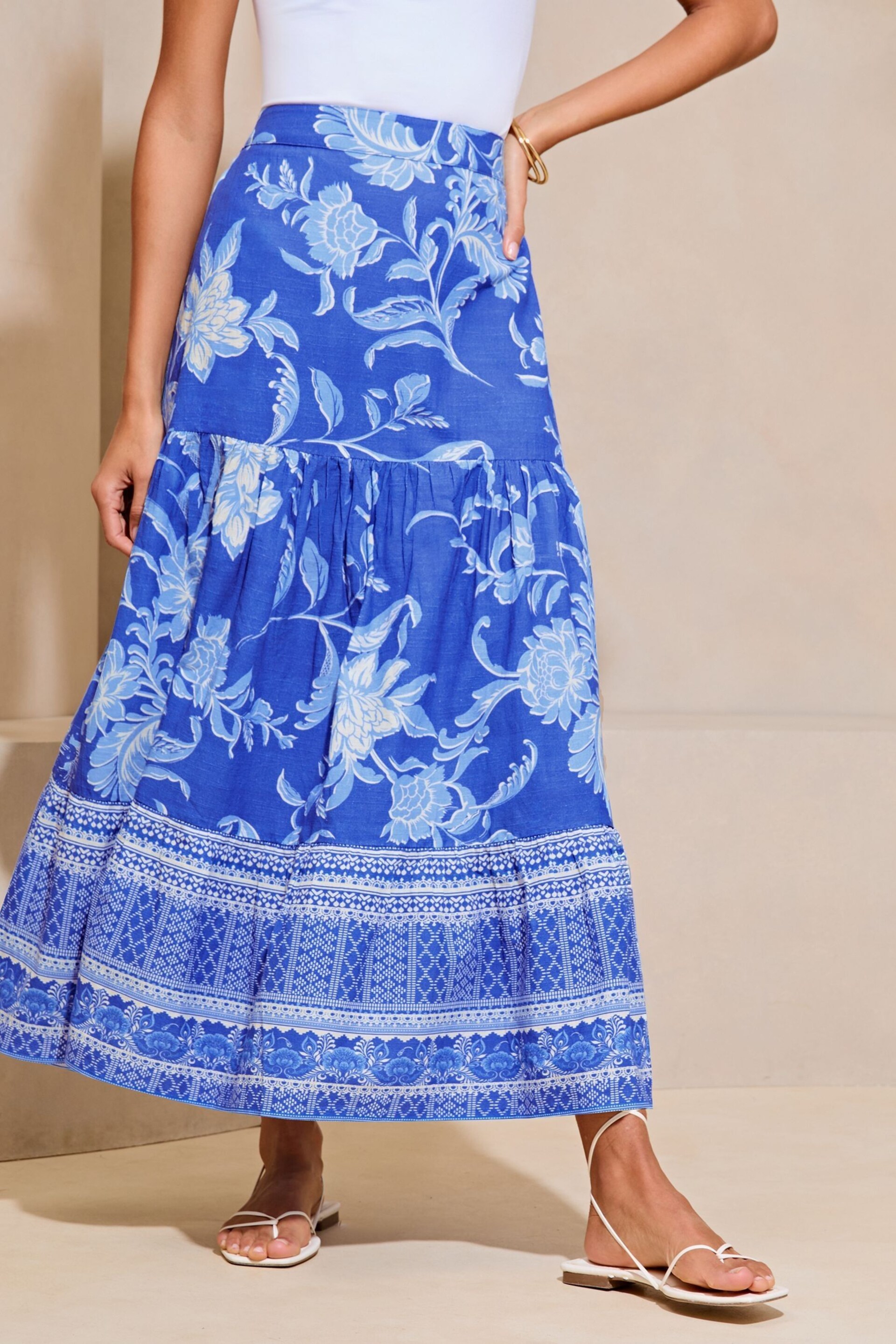 Lipsy Blue Tiered Printed Midi Skirt - Image 1 of 4