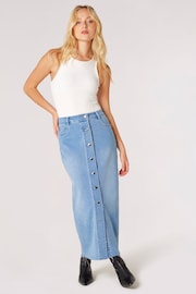 Apricot Blue Button Down Denim Midi Skirt - Image 1 of 5
