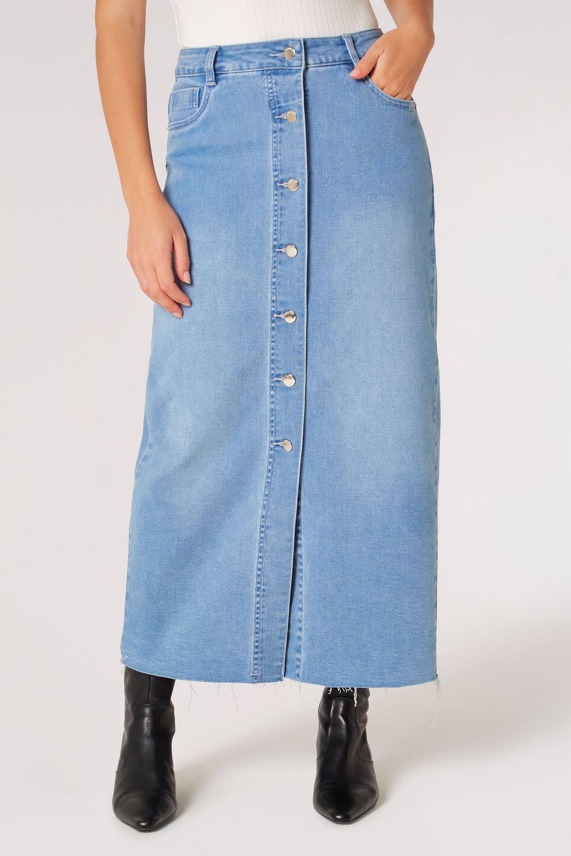Apricot Blue Button Down Denim Midi Skirt - Image 3 of 5