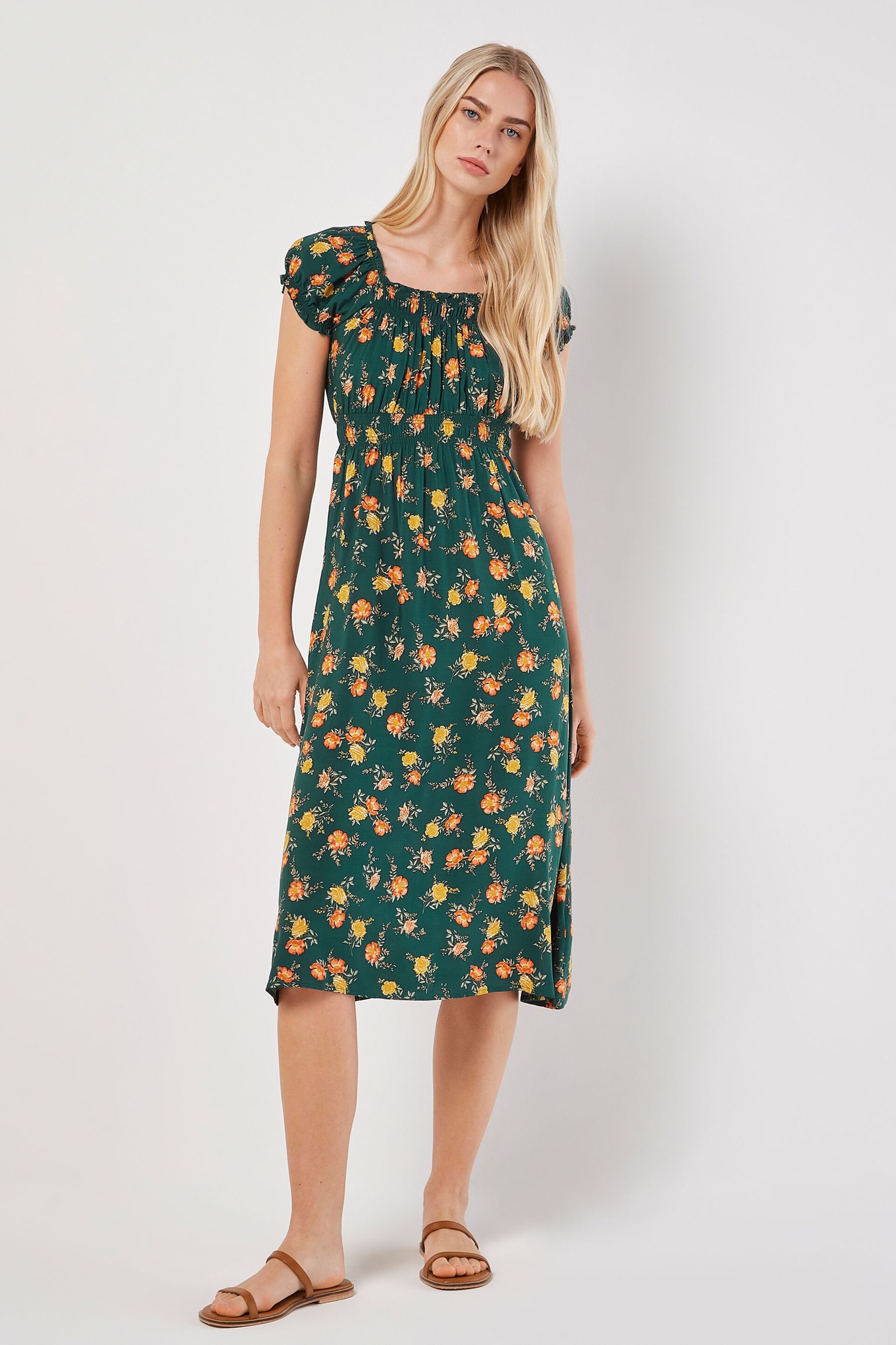 Apricot Green Vintage Rose Milkmaid Midi Dress - Image 1 of 5