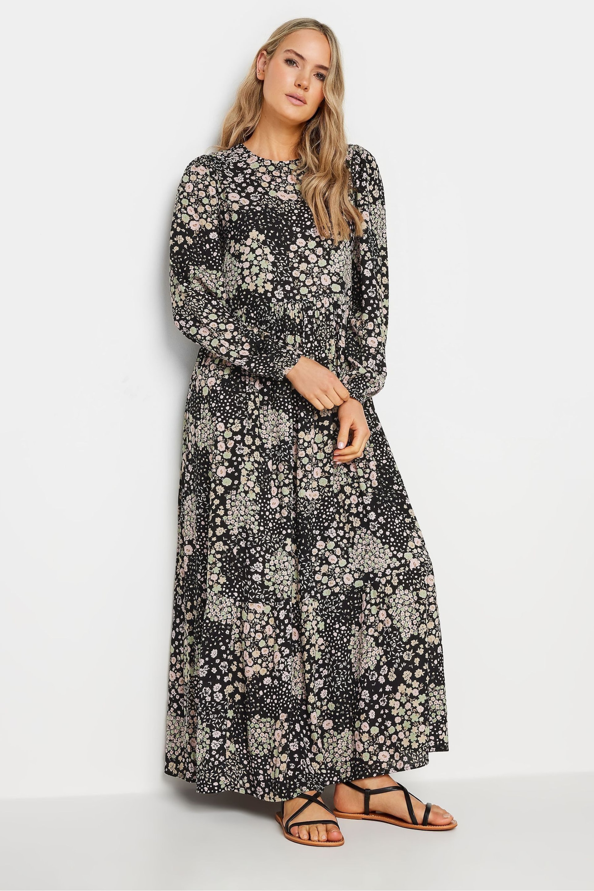 Long Tall Sally Black Floral Print Tiered Maxi Dress - Image 1 of 5