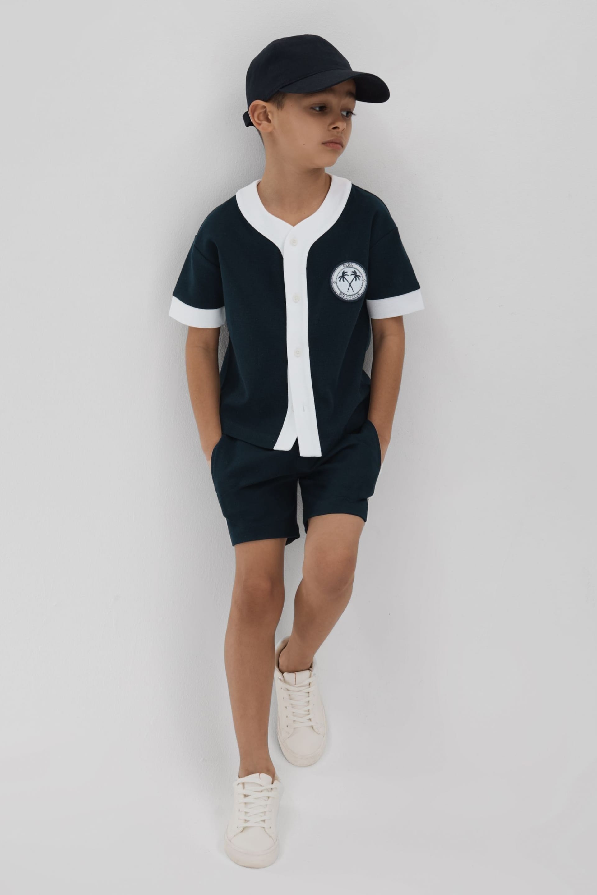 Reiss Navy/White Ark Teen Textured Cotton Baseball Shirt - Image 3 of 4