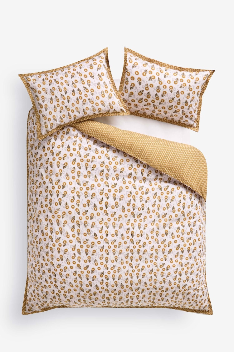 Yellow Ochre Reversible Woodblock Floral 100% Cotton Duvet Cover and Pillowcase Set - Image 6 of 6