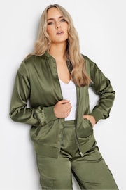 Long Tall Sally Khaki Green Satin Bomber Jacket - Image 1 of 4