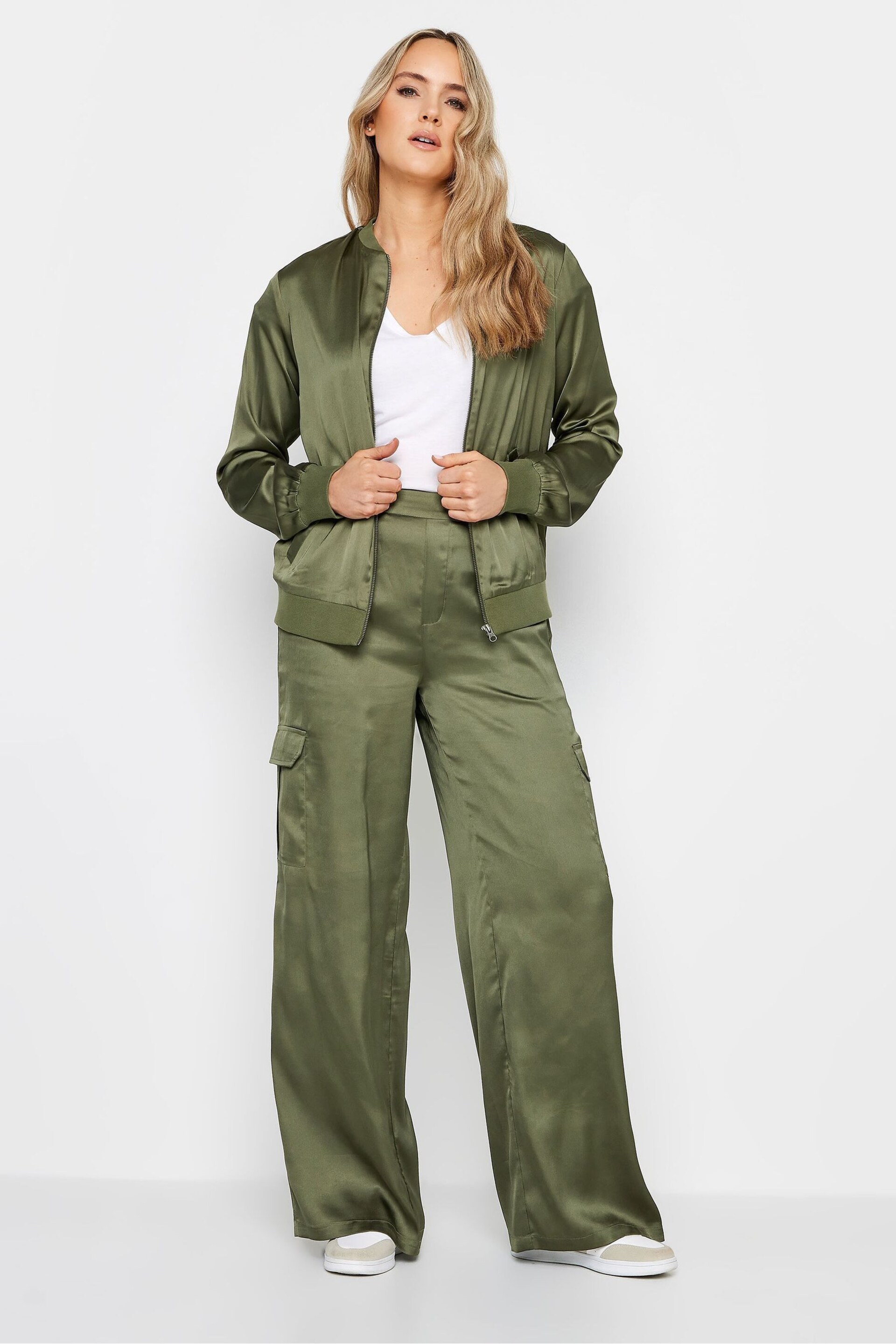 Long Tall Sally Khaki Green Satin Bomber Jacket - Image 2 of 4