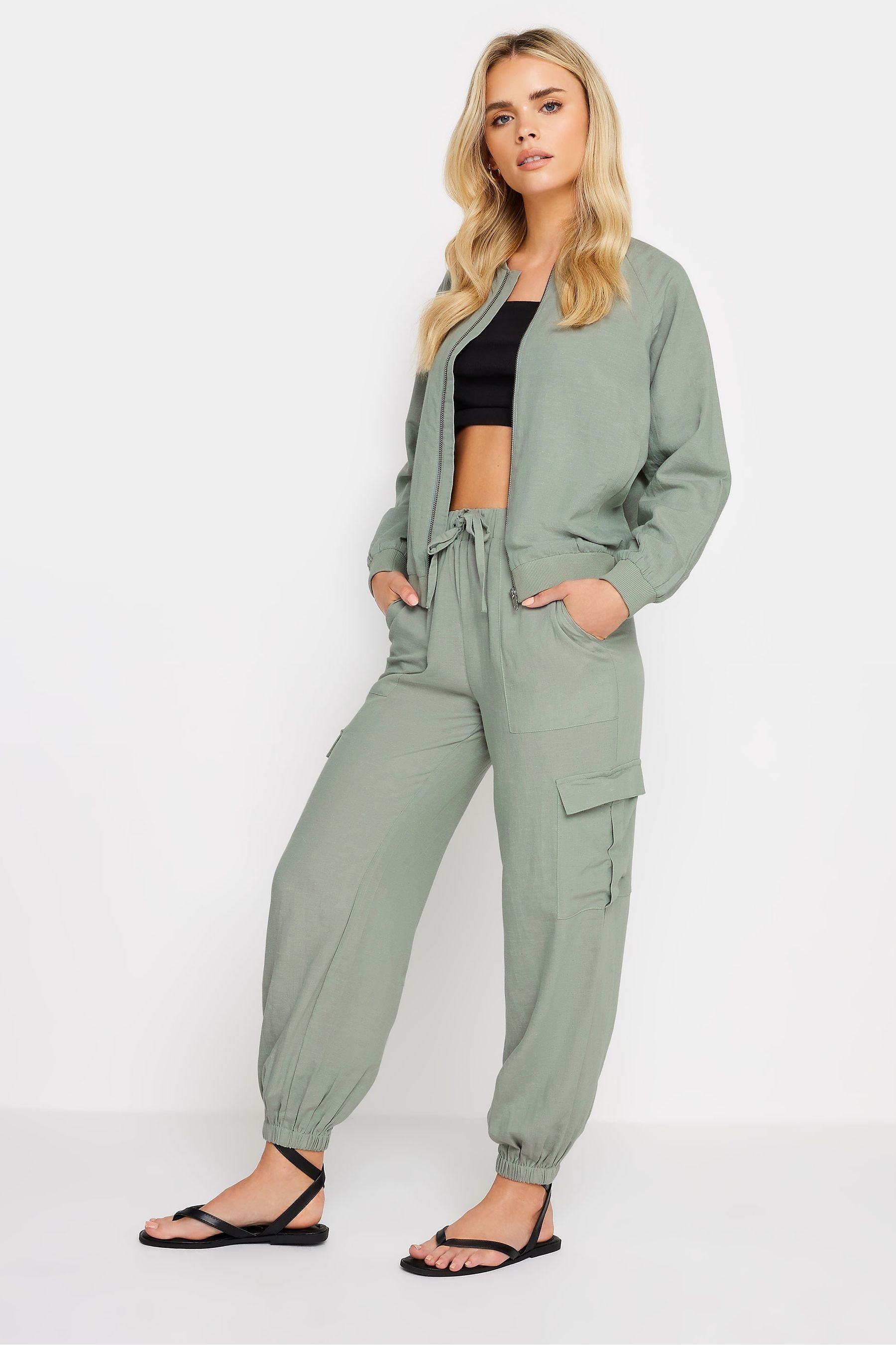 Buy PixieGirl Petite Green Linen Cuffed Cargo Trousers from Next Luxembourg