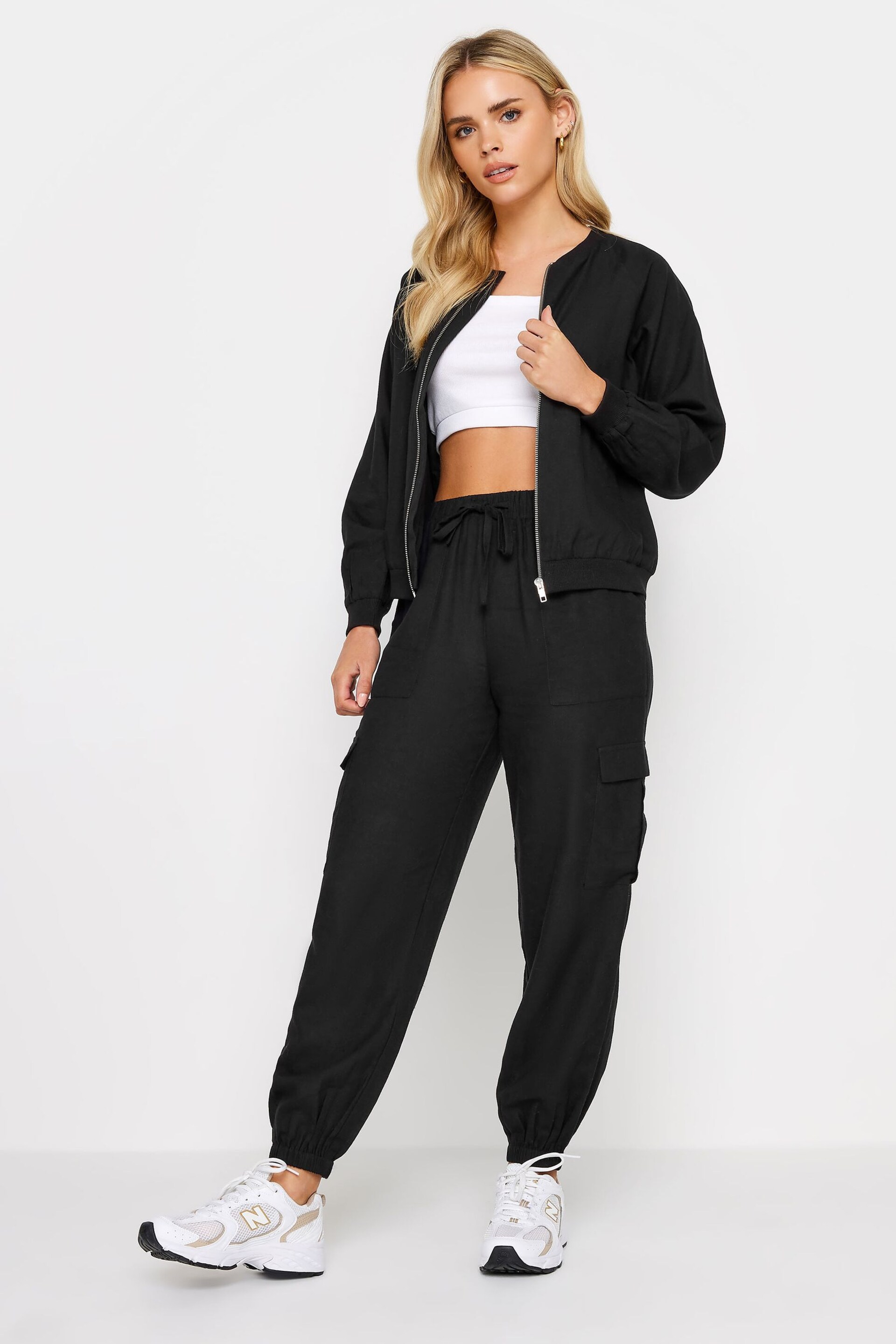 PixieGirl Petite Black Linen Cuffed Cargo Trousers - Image 1 of 4