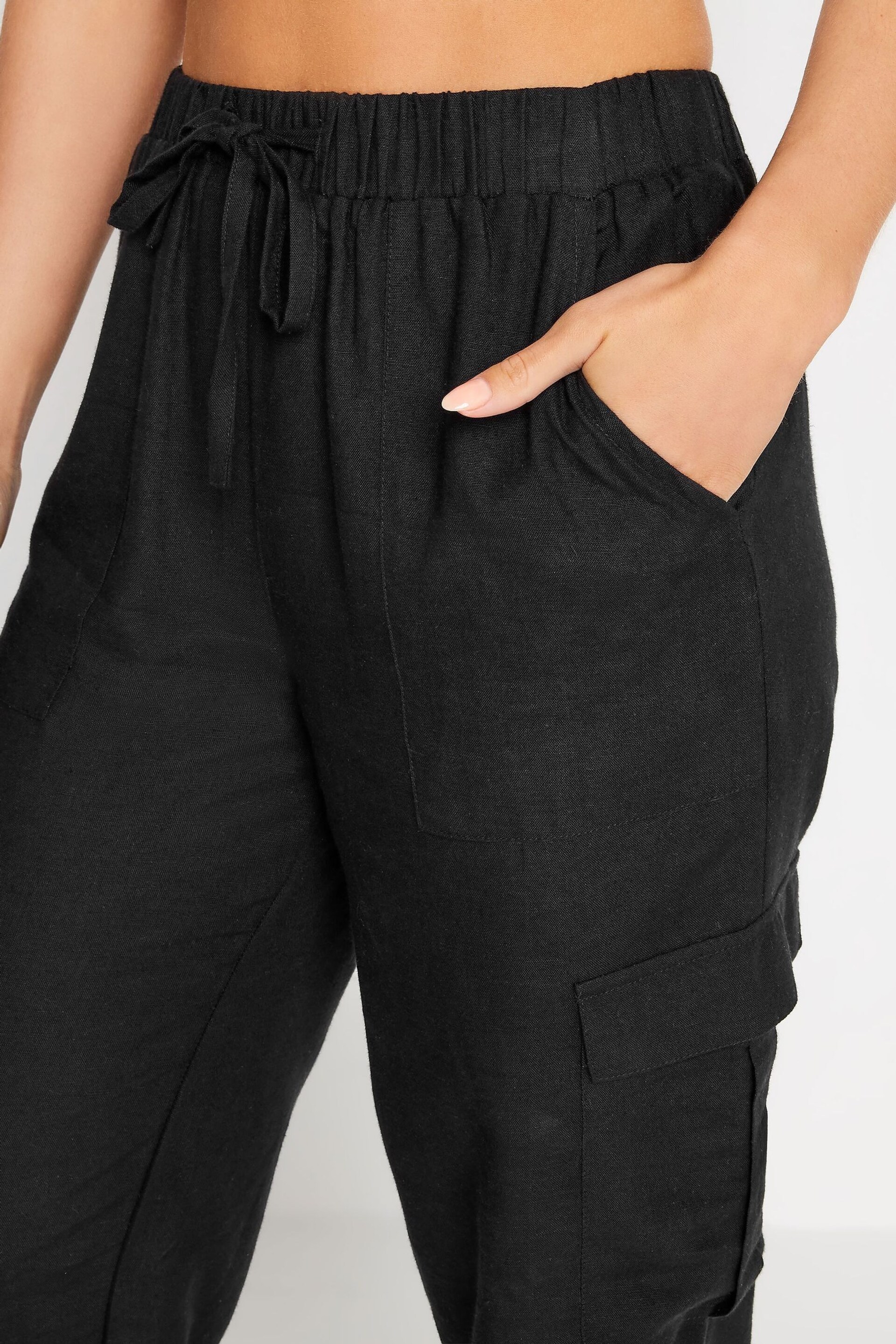 PixieGirl Petite Black Linen Cuffed Cargo Trousers - Image 4 of 4