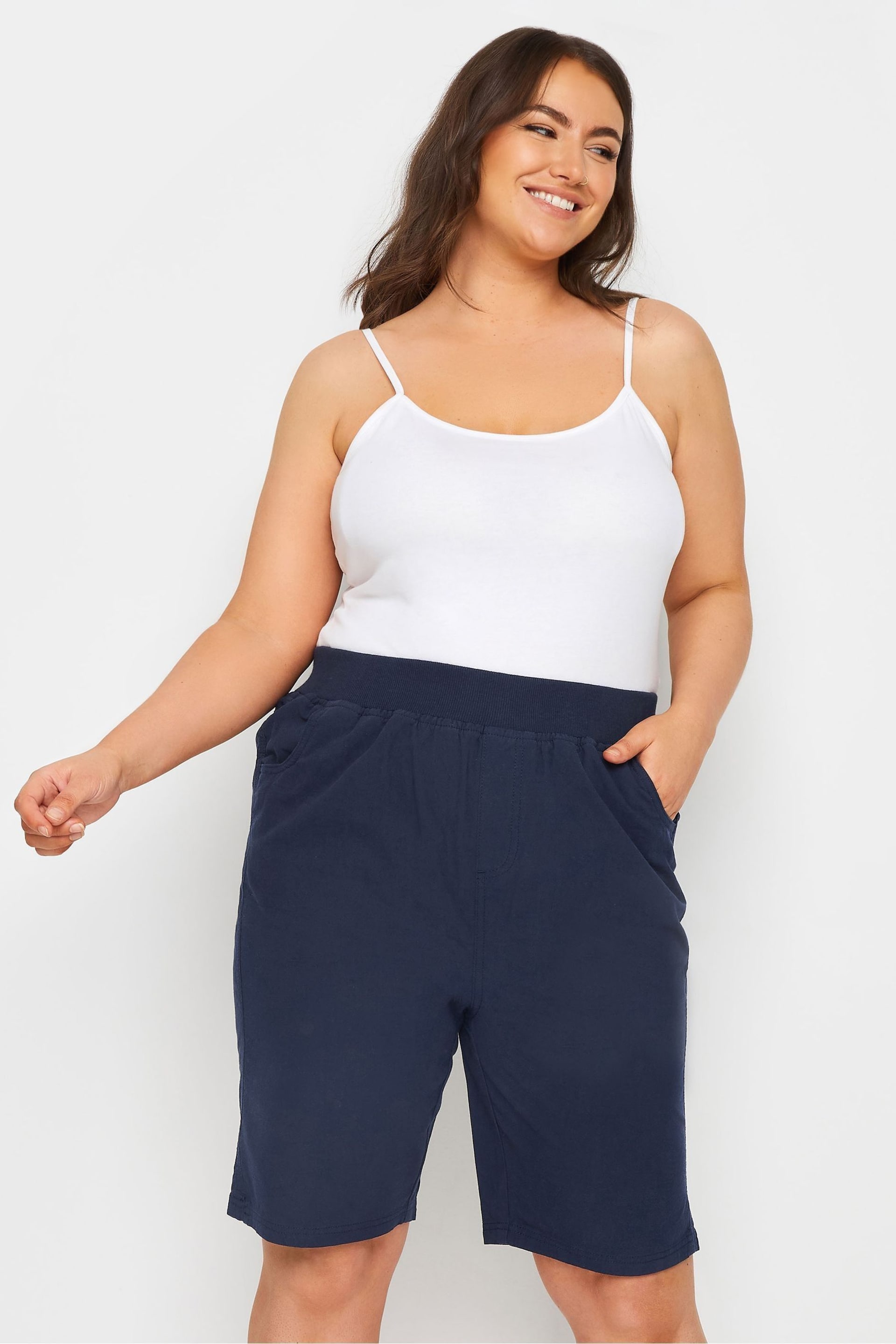 Yours Curve Blue Cool Cotton Shorts With Jersey Waist Band - Image 2 of 5