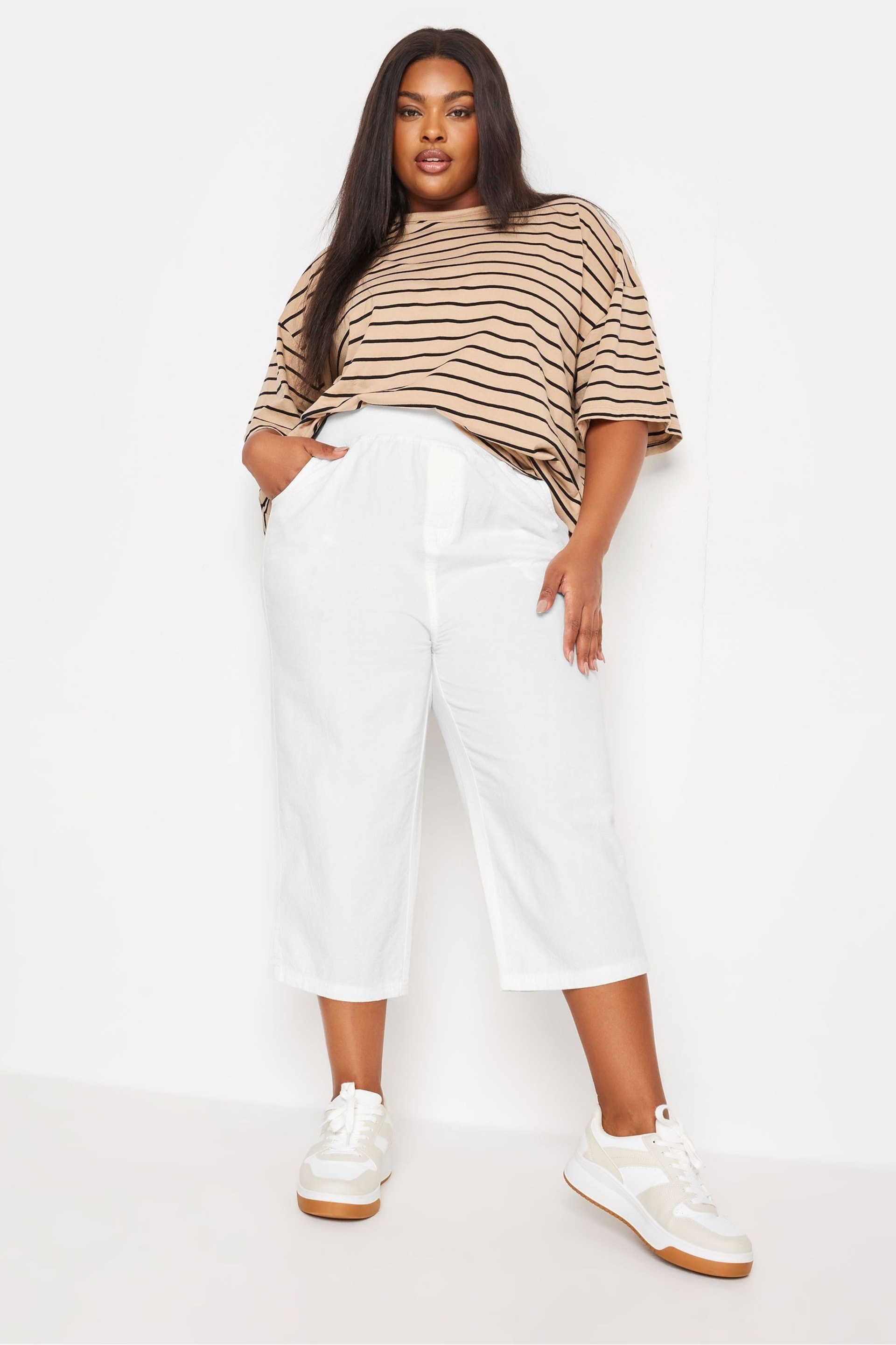 Yours Curve White Cool Cotton Cropped Trousers With Jersey Waist Band - Image 1 of 5