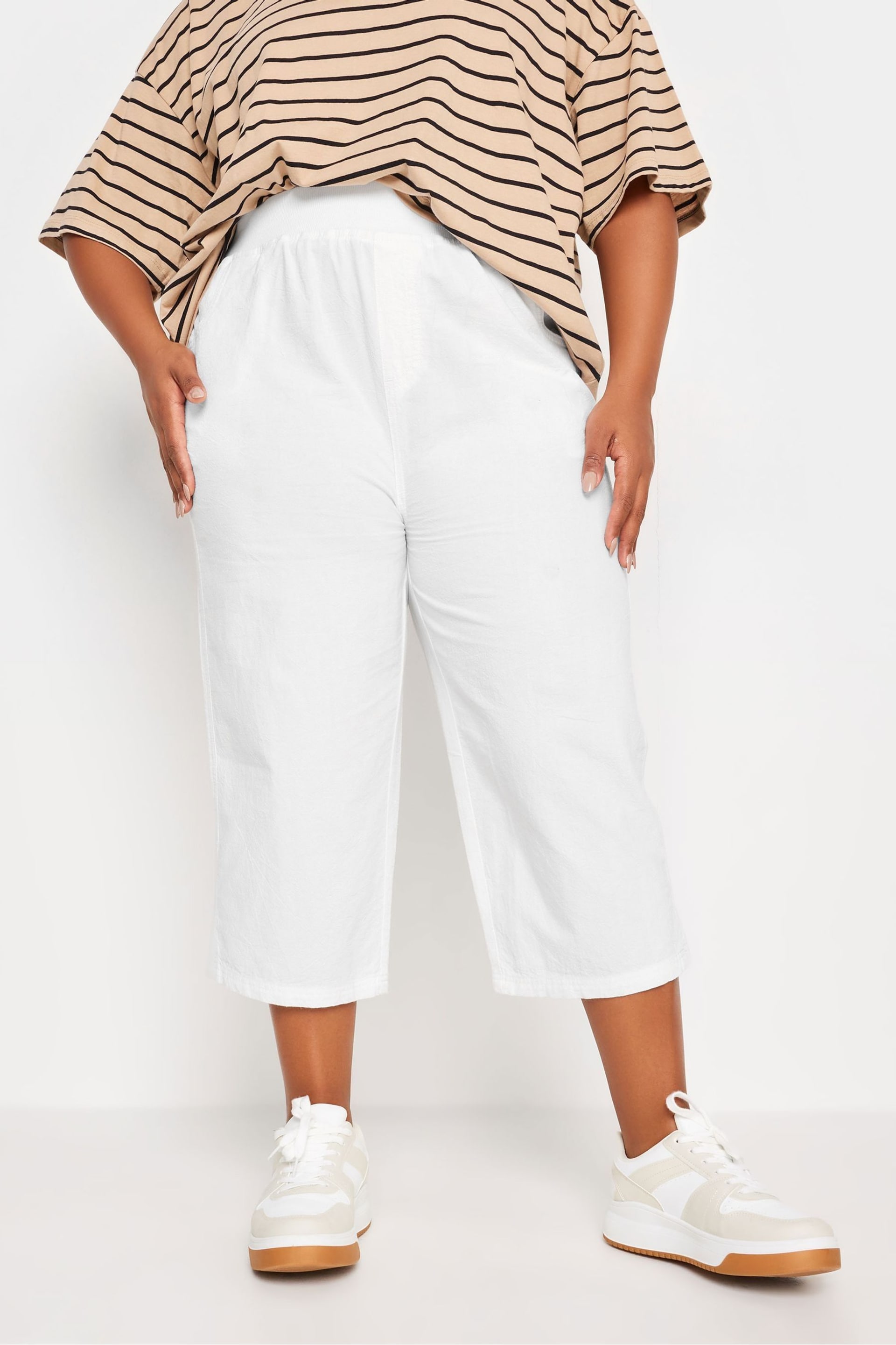 Yours Curve White Cool Cotton Cropped Trousers With Jersey Waist Band - Image 2 of 5
