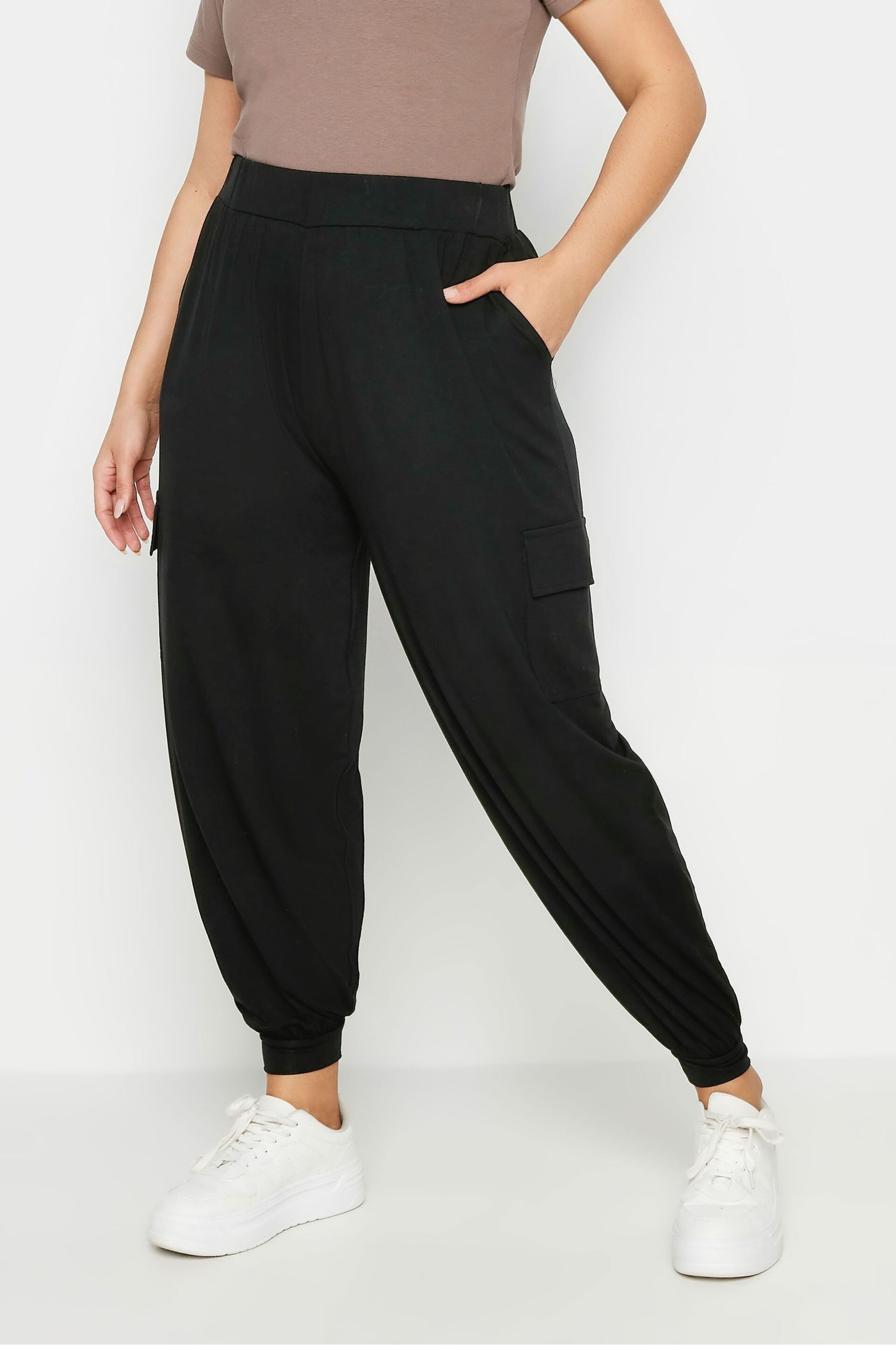 Yours Curve Black Cargo Pocket Harem Joggers - Image 1 of 5