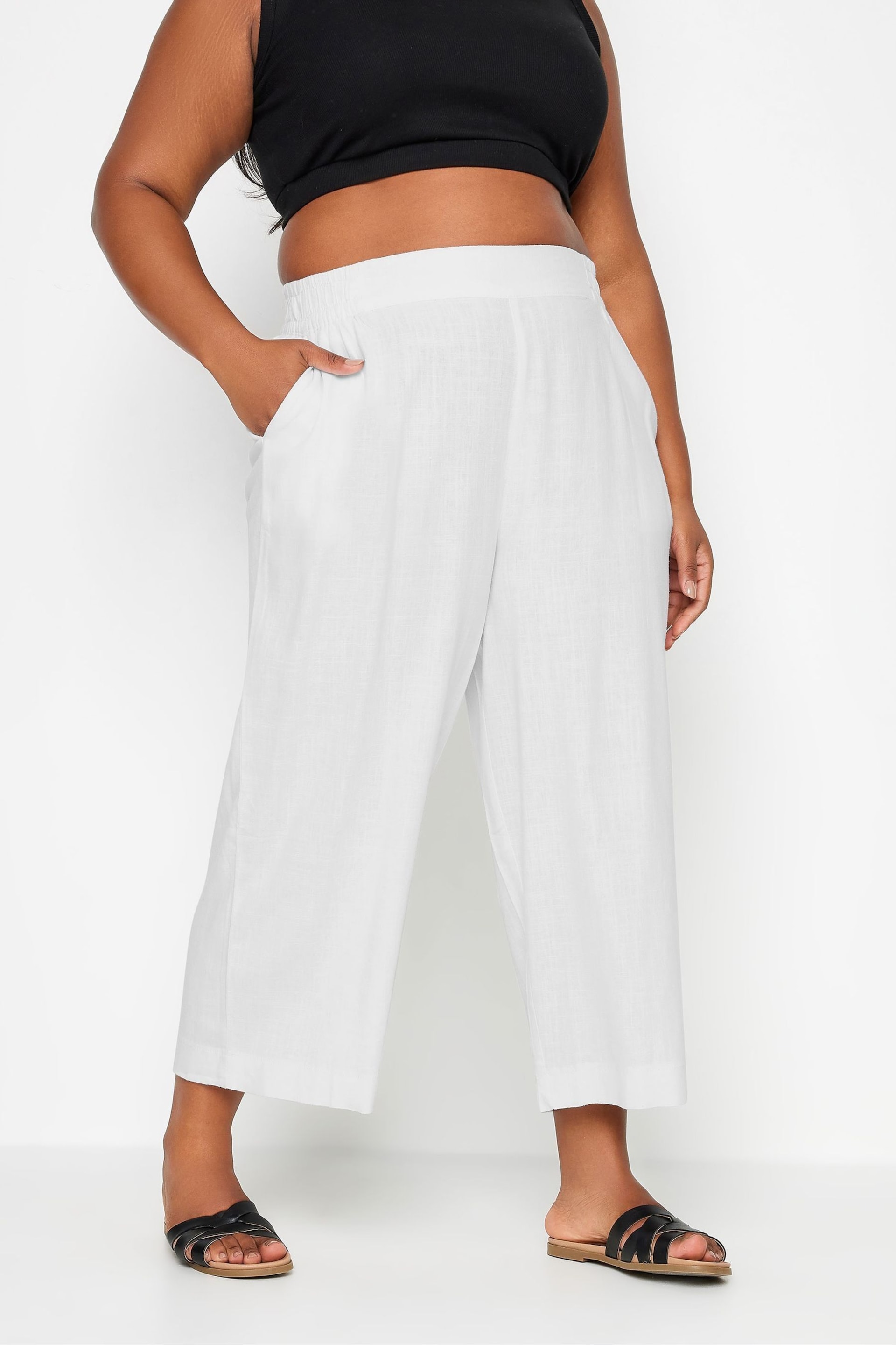 Yours Curve White Wide Leg Cropped Linen Trousers - Image 2 of 5