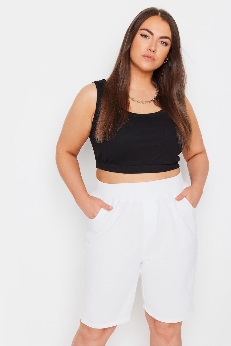 Yours Curve White Cool 100% Cotton Shorts With Jersey Waist Band - Image 1 of 5