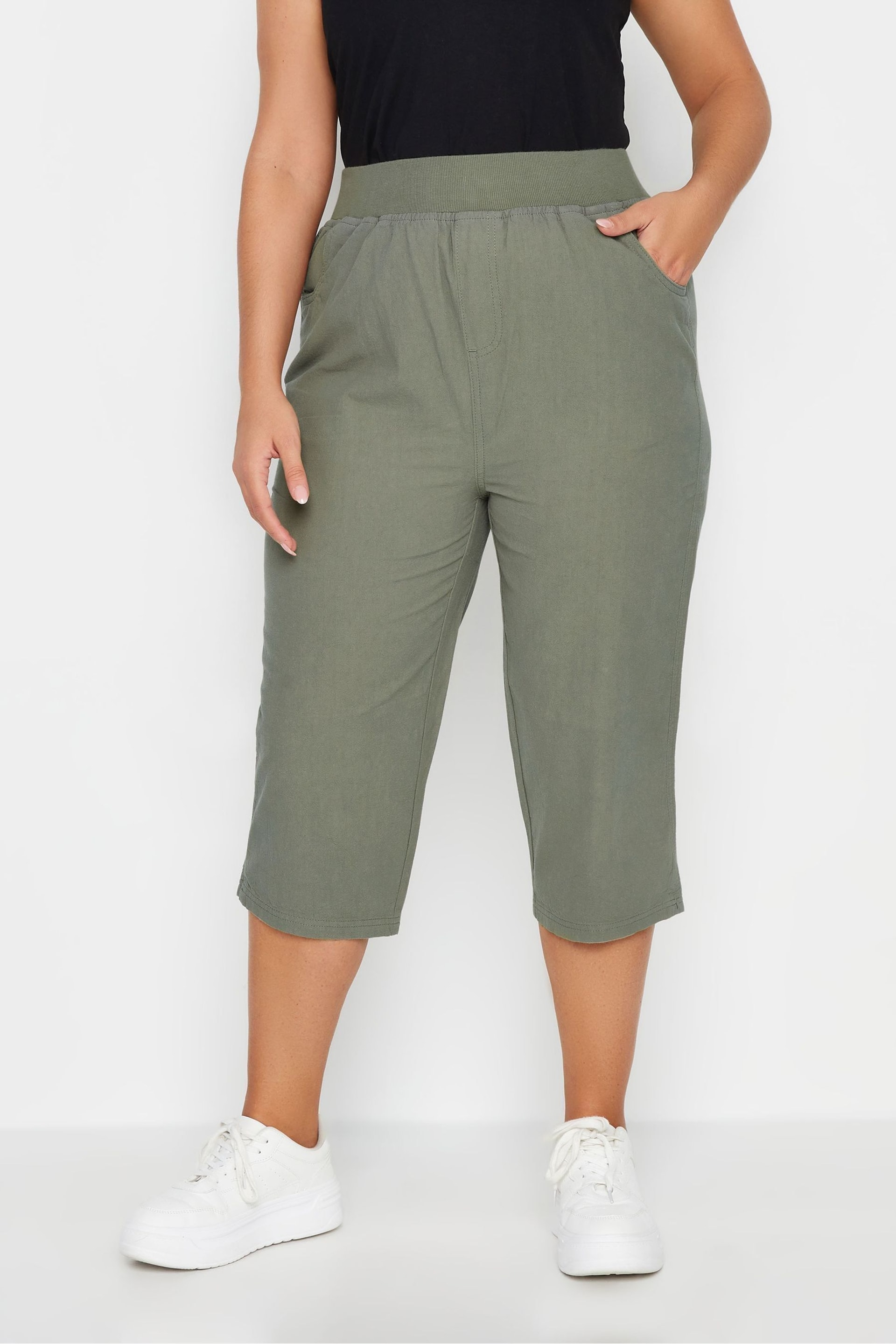 Yours Curve Green Cool Cotton Cropped Trousers With Jersey Waist Band - Image 1 of 4