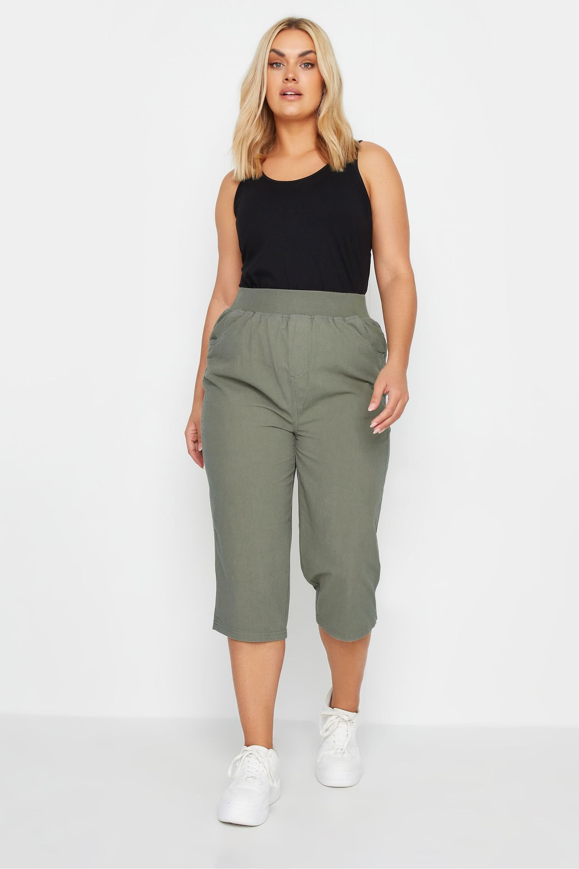 Yours Curve Green Cool Cotton Cropped Trousers With Jersey Waist Band - Image 2 of 4