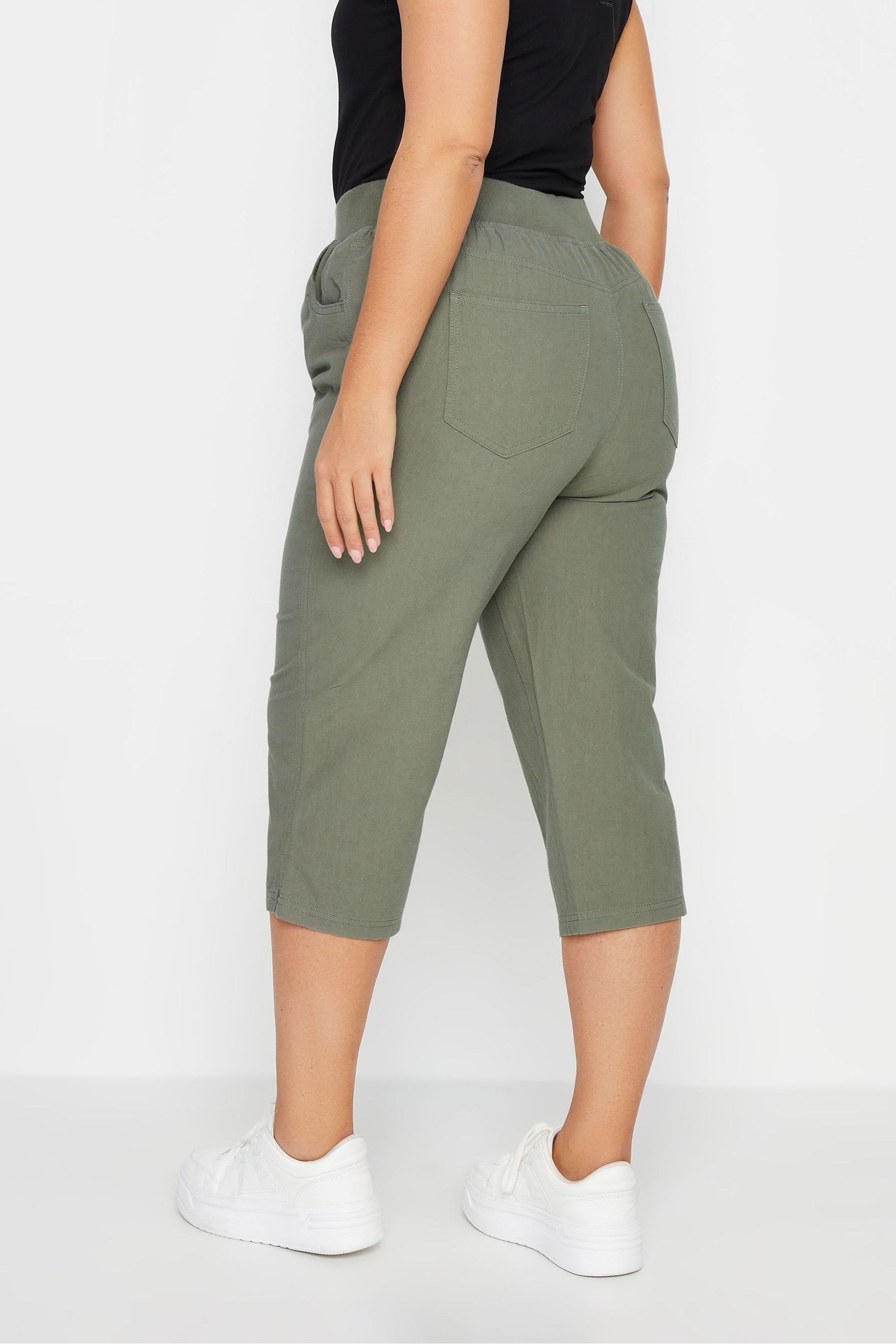 Yours Curve Green Cool Cotton Cropped Trousers With Jersey Waist Band - Image 3 of 4