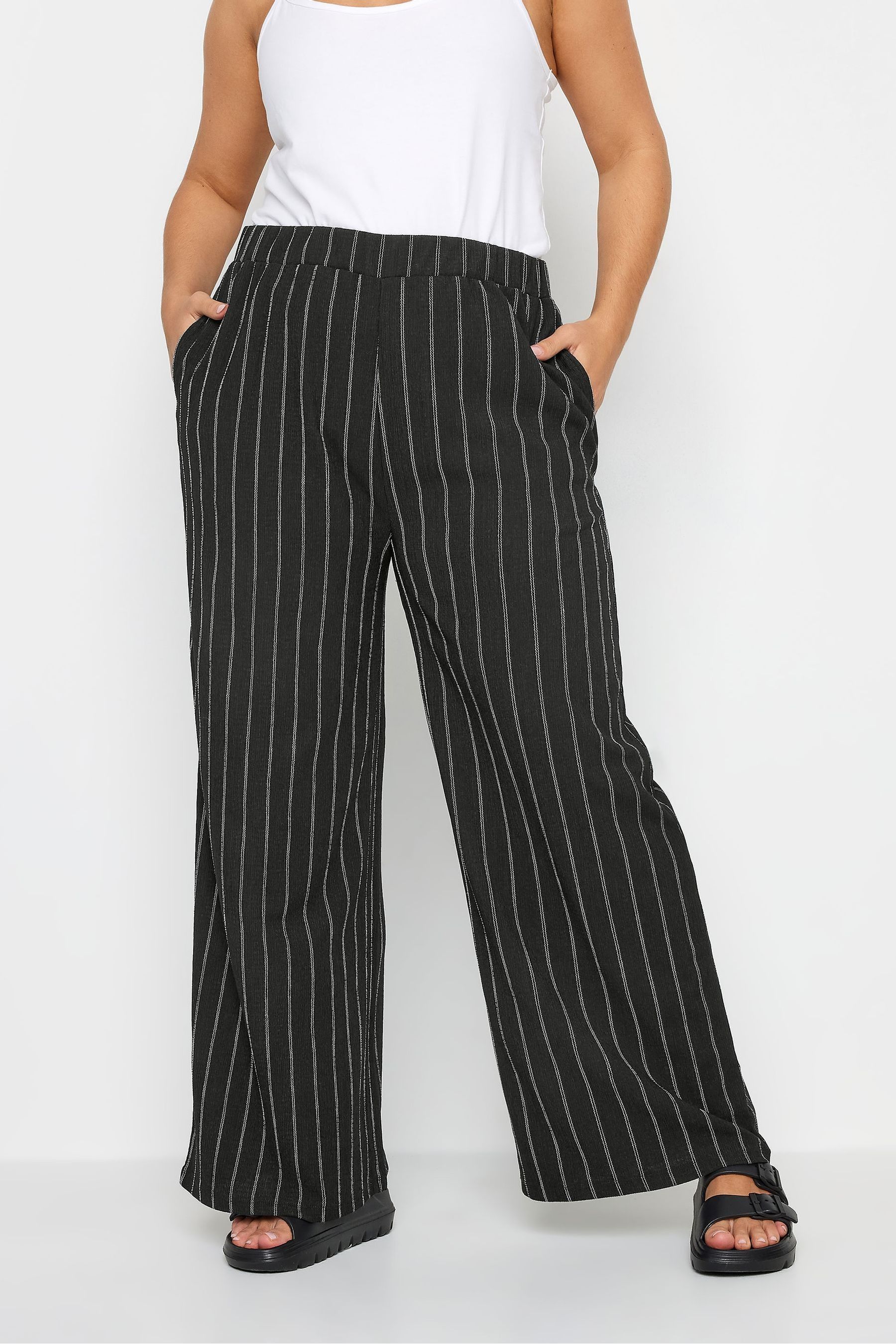 Buy Yours Curve Black Stripe Textured Wide Leg Trousers from Next Luxembourg
