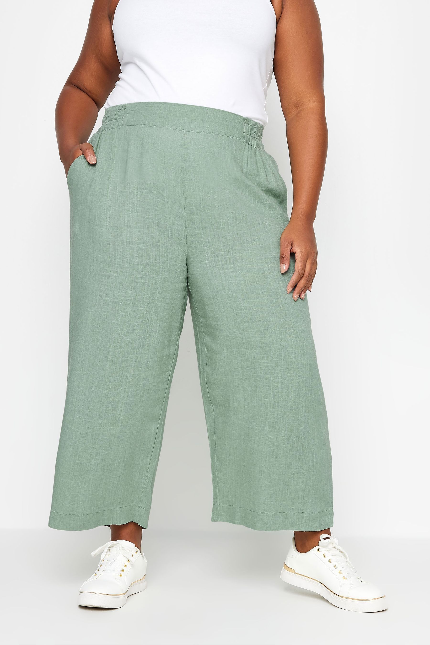 Buy Yours Curve Sage Green Wide Leg Cropped Linen Trousers from Next Luxembourg