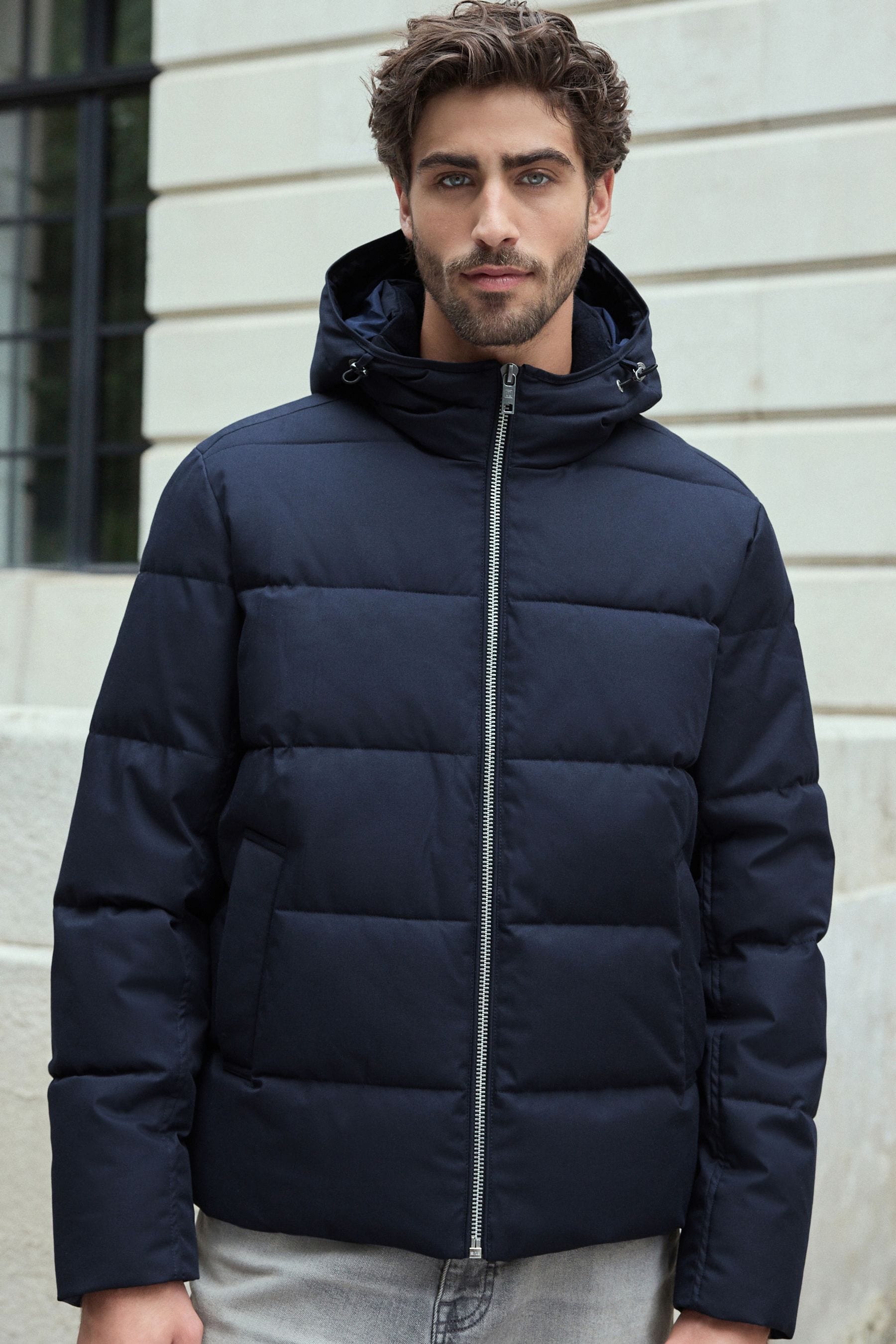 Navy Blue Shower Resistant Hooded Puffer Coat
