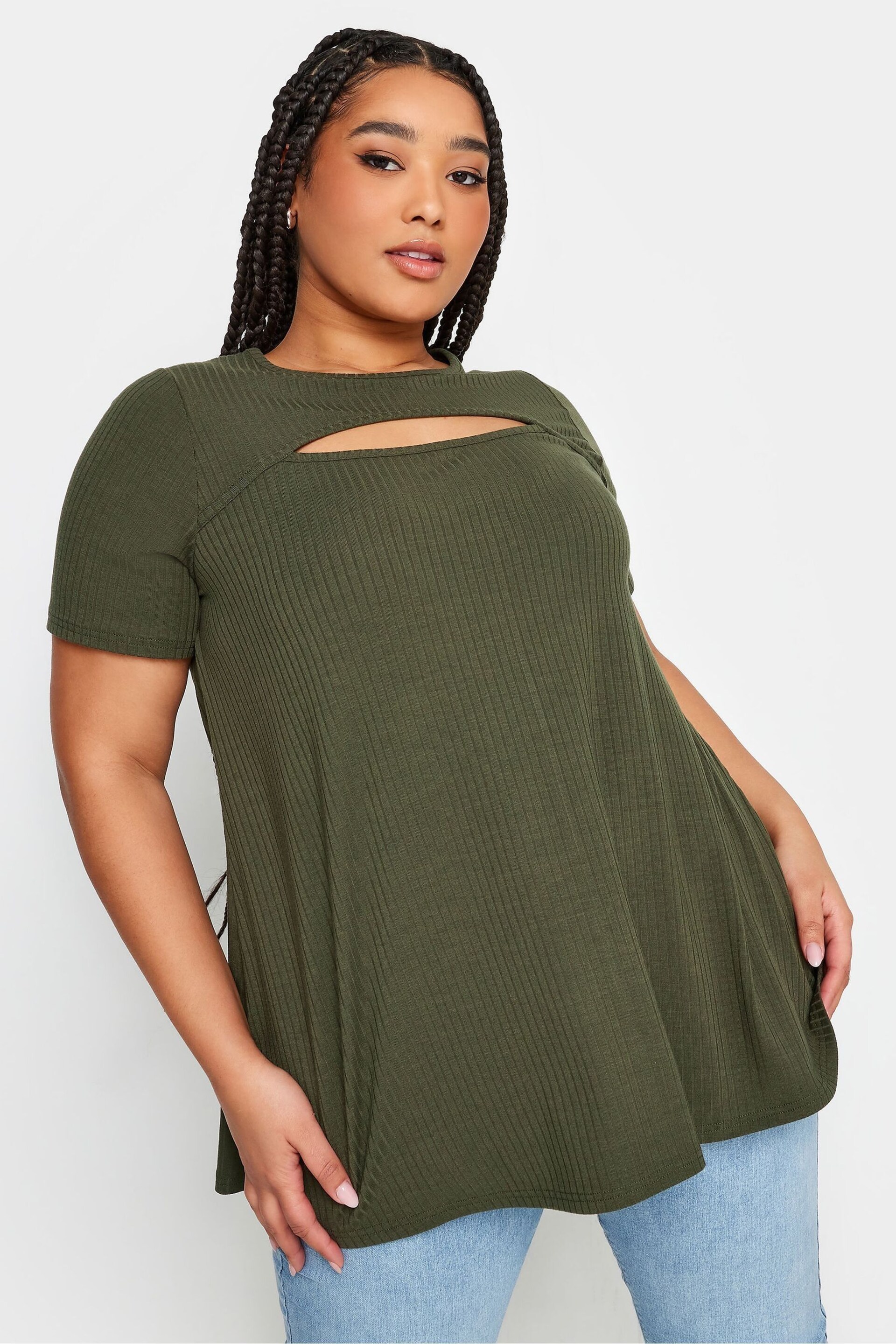 Yours Curve Khaki Green Ribbed Cut Out T-Shirt - Image 1 of 4