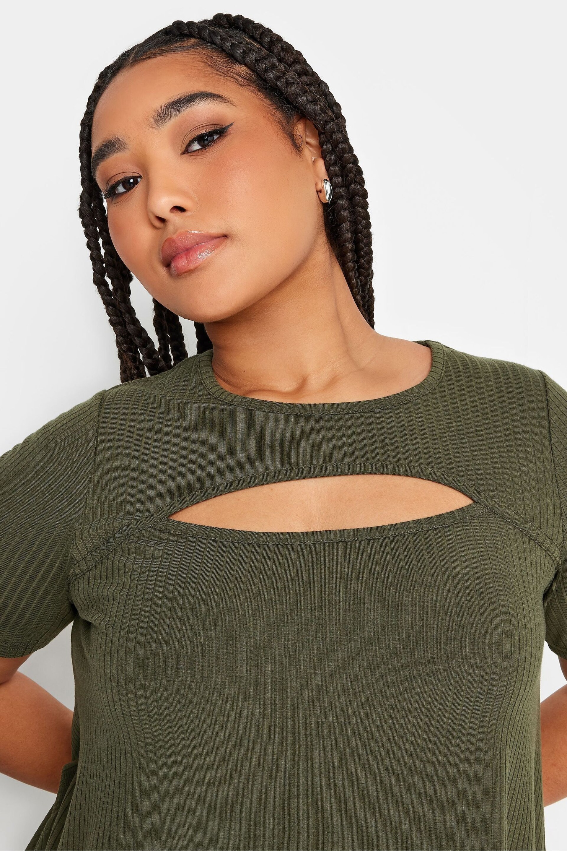 Yours Curve Khaki Green Ribbed Cut Out T-Shirt - Image 4 of 4