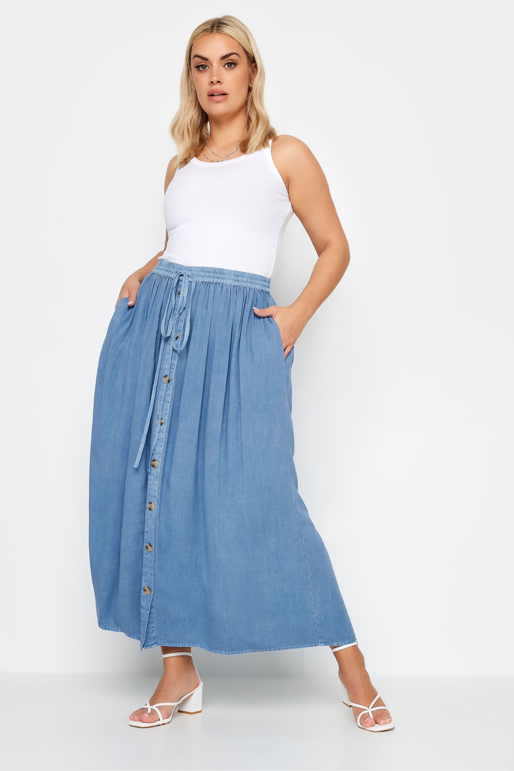 Buy Yours Curve Blue Chambray Button Front Maxi Skirt from Next Luxembourg