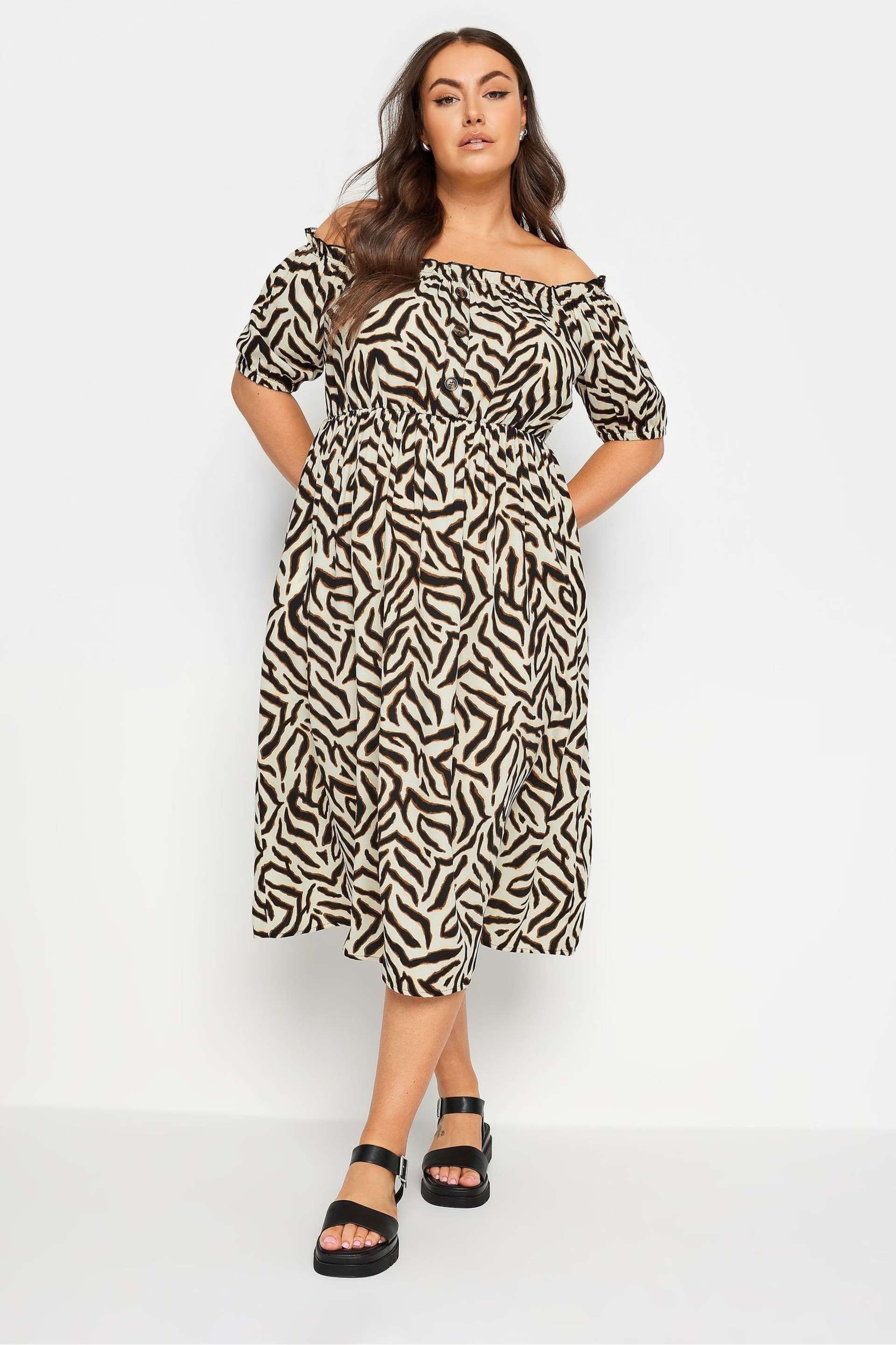 Yours Curve Beige Brown Animal Print Bardot Midi Dress - Image 1 of 4