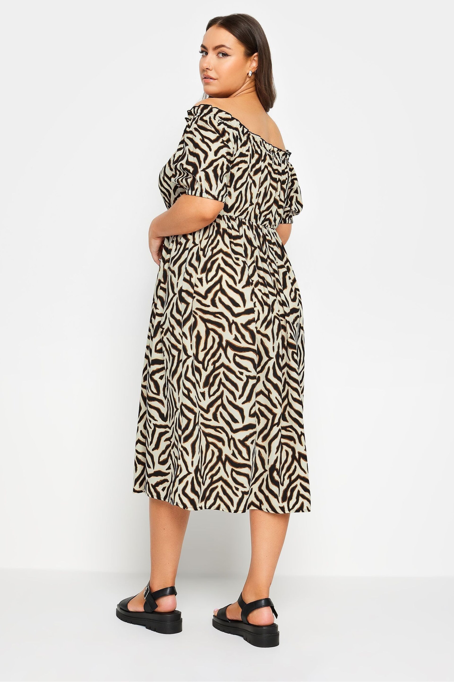 Yours Curve Beige Brown Animal Print Bardot Midi Dress - Image 3 of 4