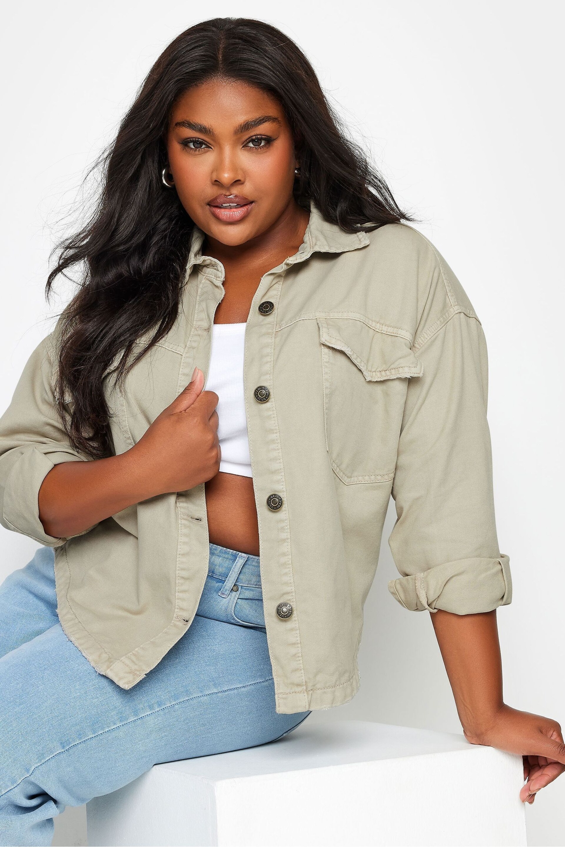 Yours Curve Natural Denim Curved Hem Western Jacket - Image 1 of 3