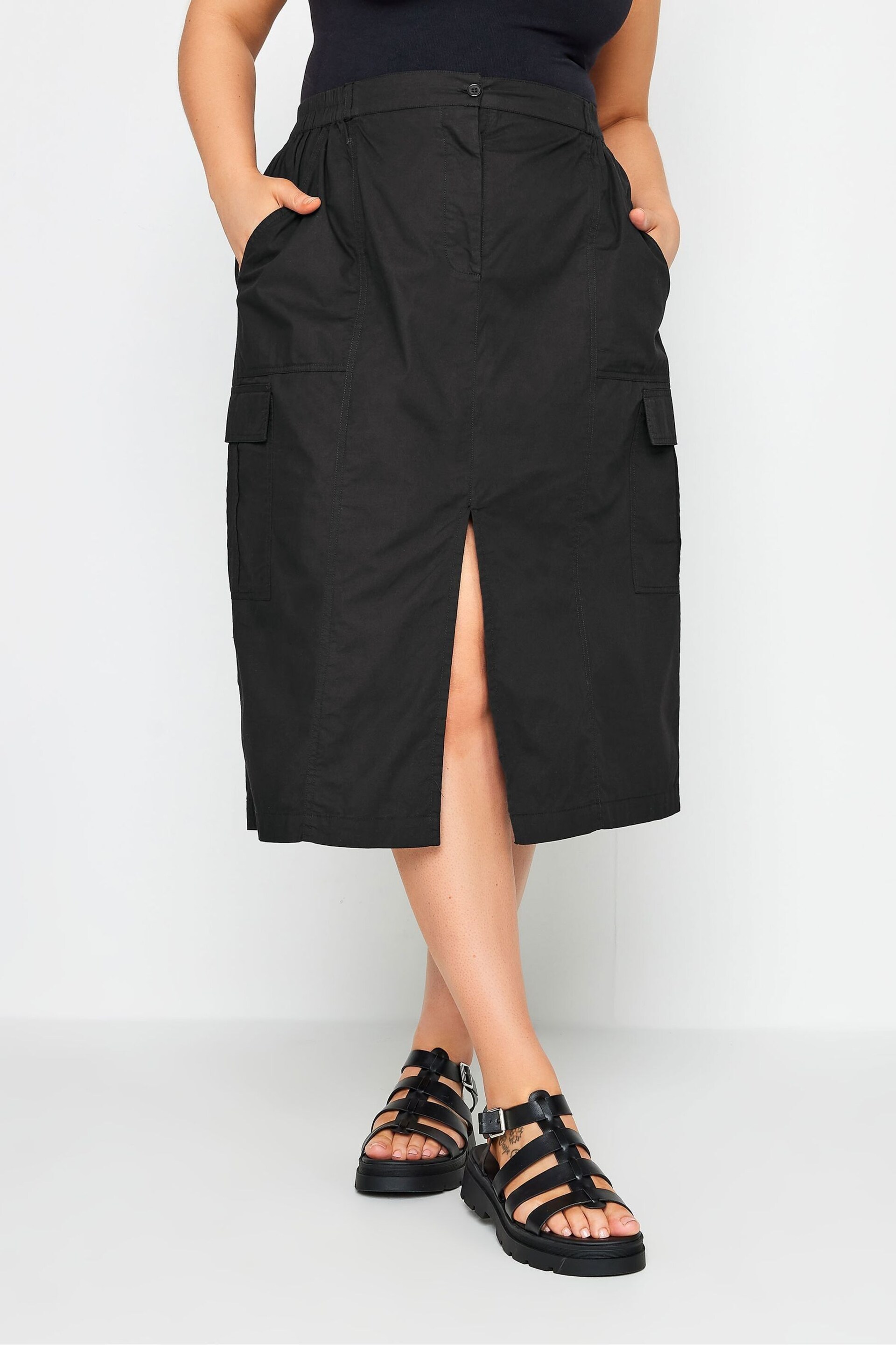 Yours Curve Black Split Hem Cargo Midi Skirt - Image 1 of 5