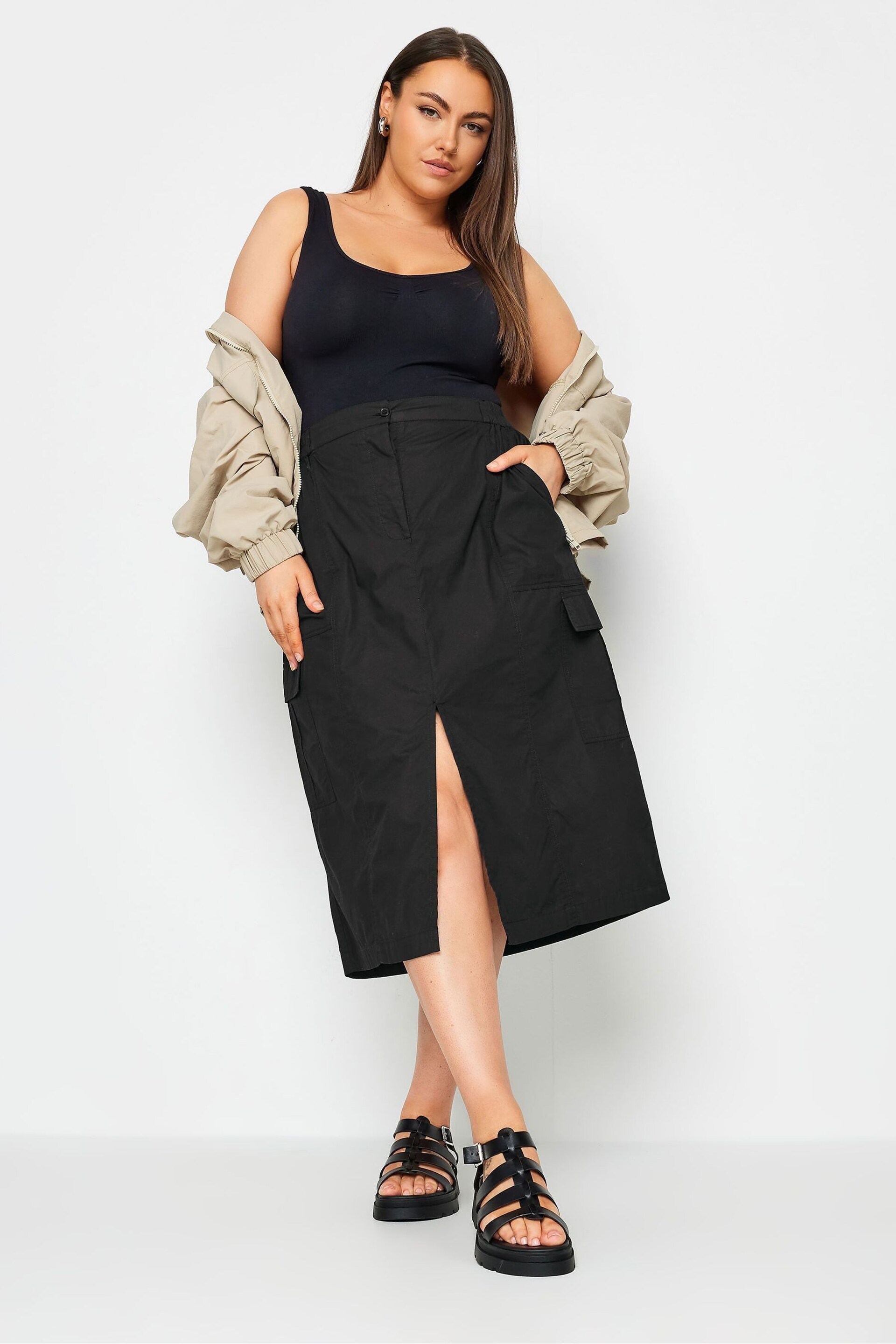 Yours Curve Black Split Hem Cargo Midi Skirt - Image 2 of 5