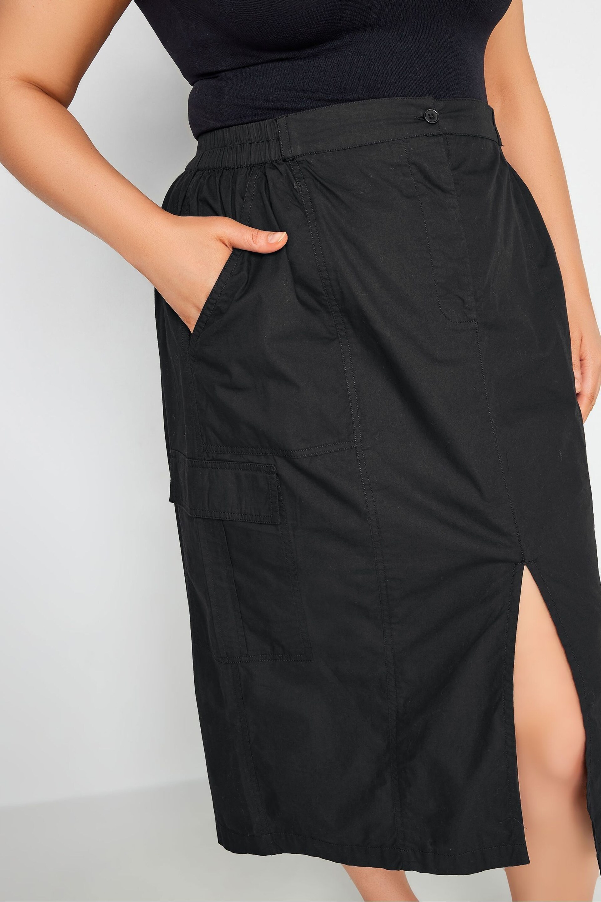 Yours Curve Black Split Hem Cargo Midi Skirt - Image 4 of 5