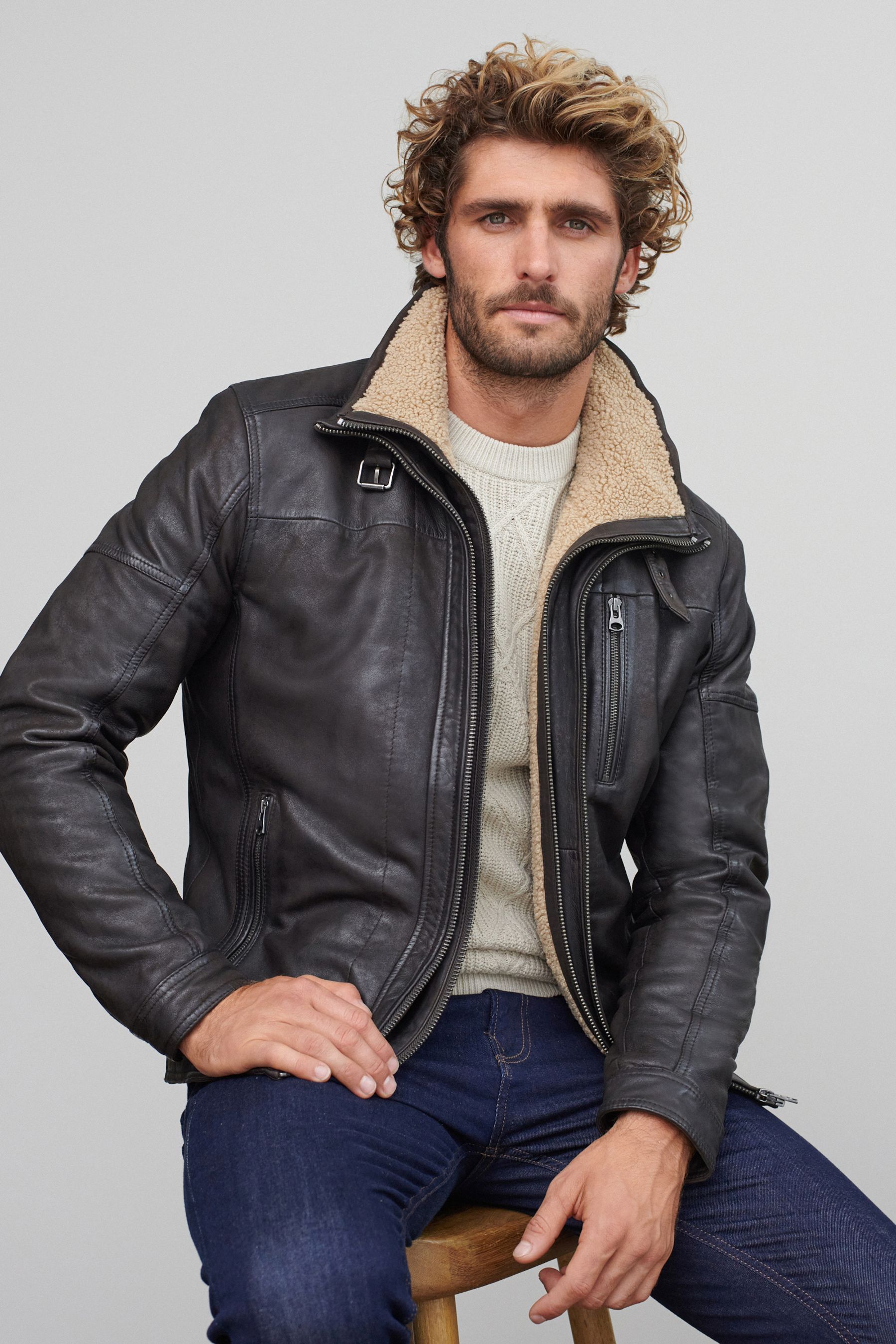 Brown Four Pocket Borg Lined Leather Jacket