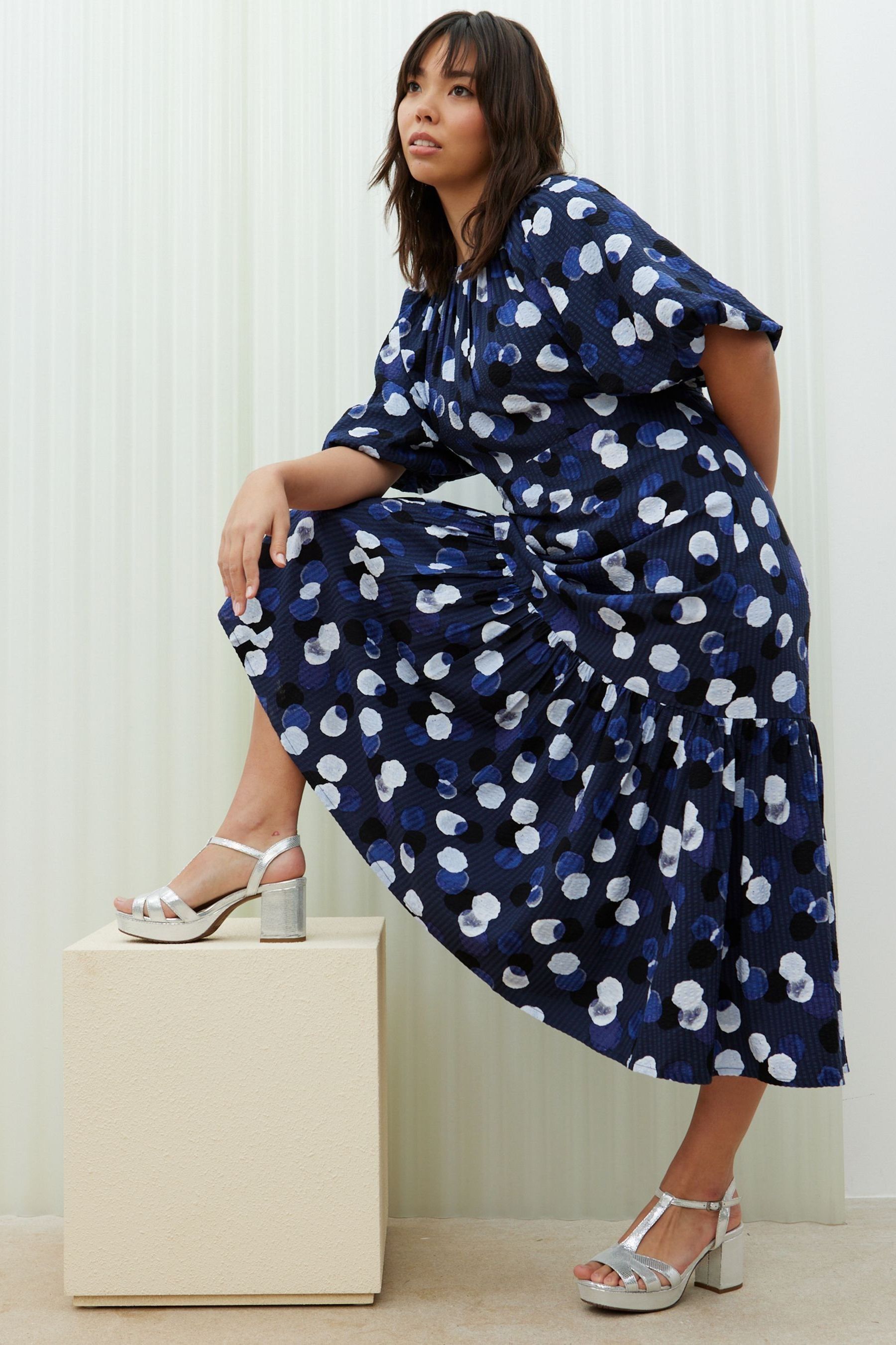 Buy Oliver Bonas Blue Inky Spot Puff Sleeve Midi Dress from Next Luxembourg