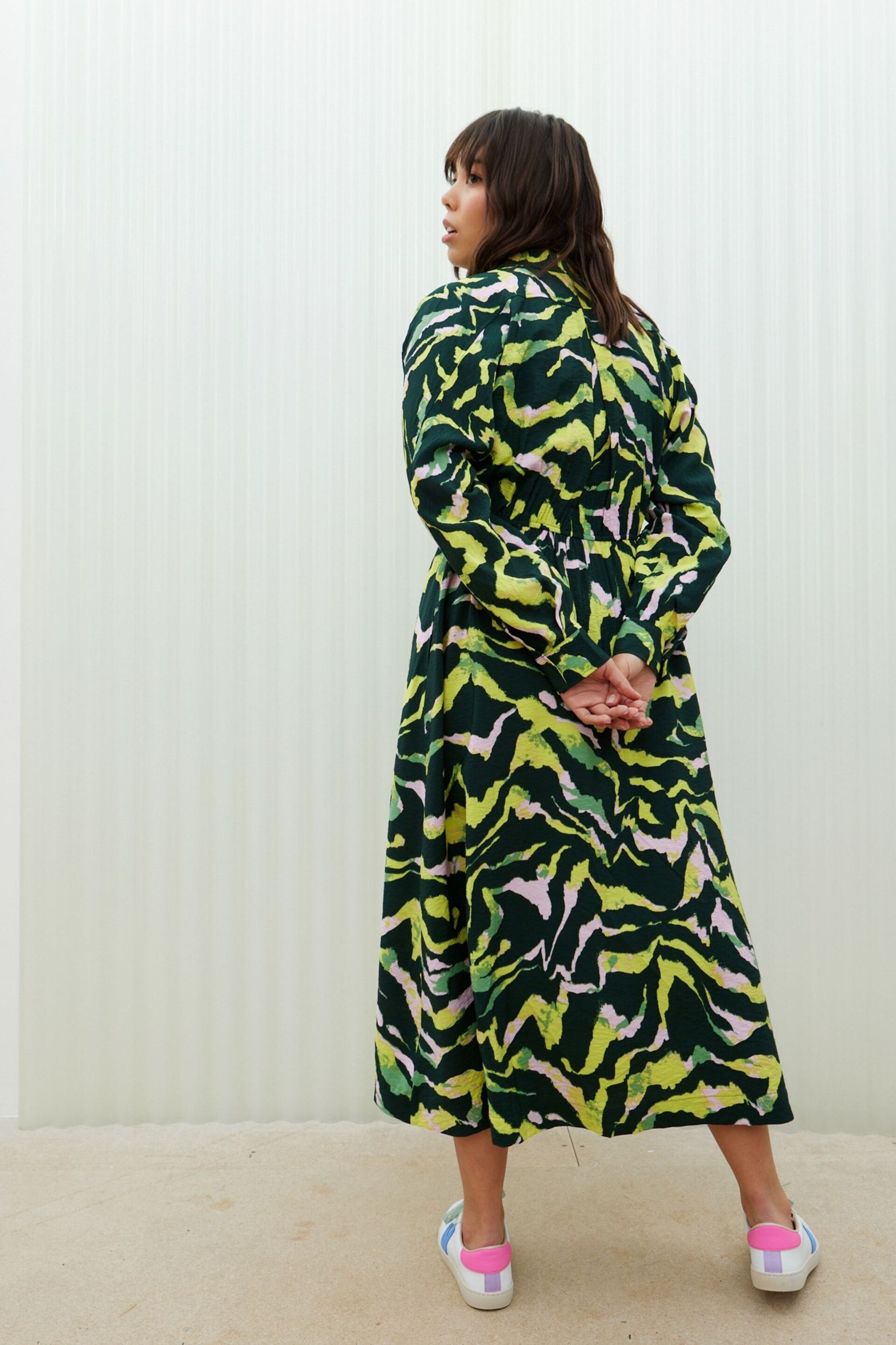 Oliver Bonas Green Abstract Print Midi Shirt Dress - Image 2 of 9
