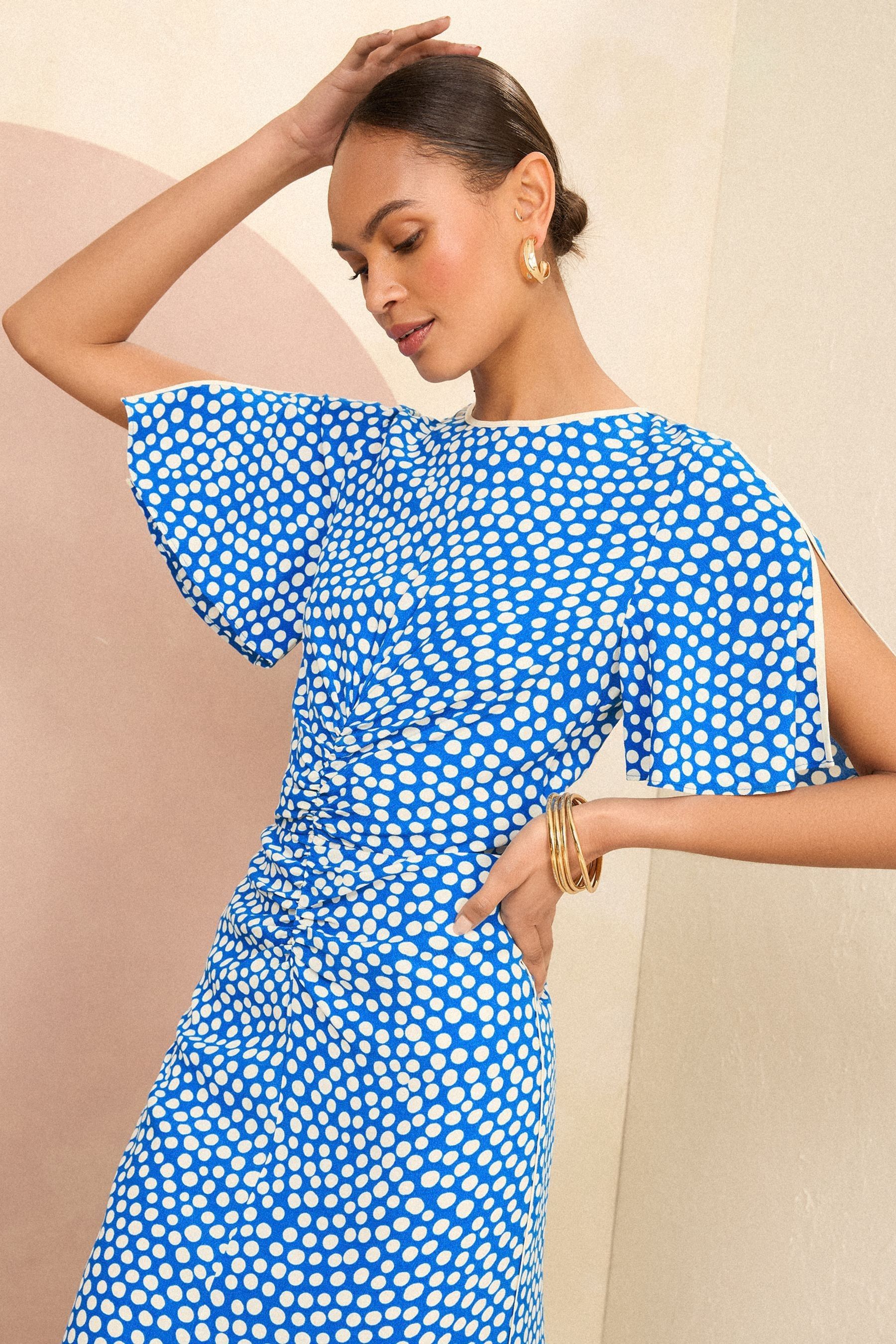 Buy Love Roses Blue Spot Ruched Flutter Sleeve Midi Dress from Next Luxembourg