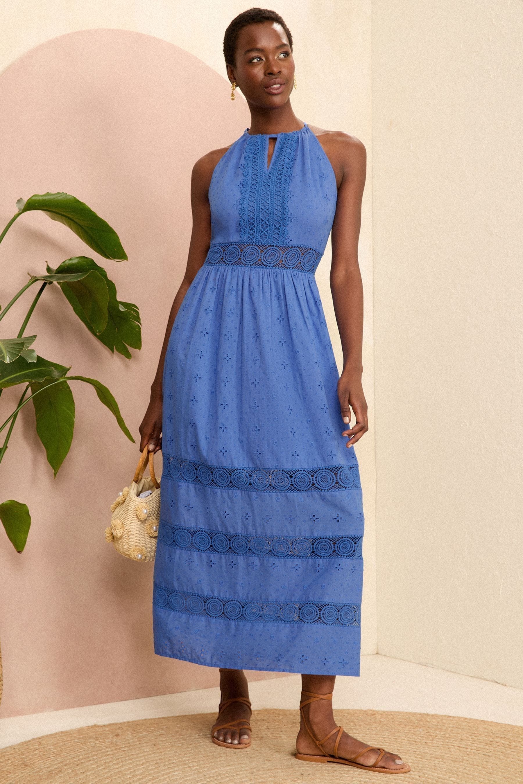 Love Roses Blue Halter Broderie Midi Dress 12 Womens