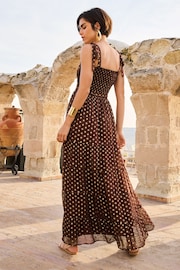 Love & Roses Chocolate Brown Metallic Cami Tie Shirred Maxi Dress - Image 3 of 4