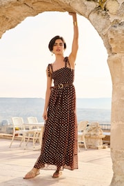 Love & Roses Chocolate Brown Metallic Cami Tie Shirred Maxi Dress - Image 4 of 4