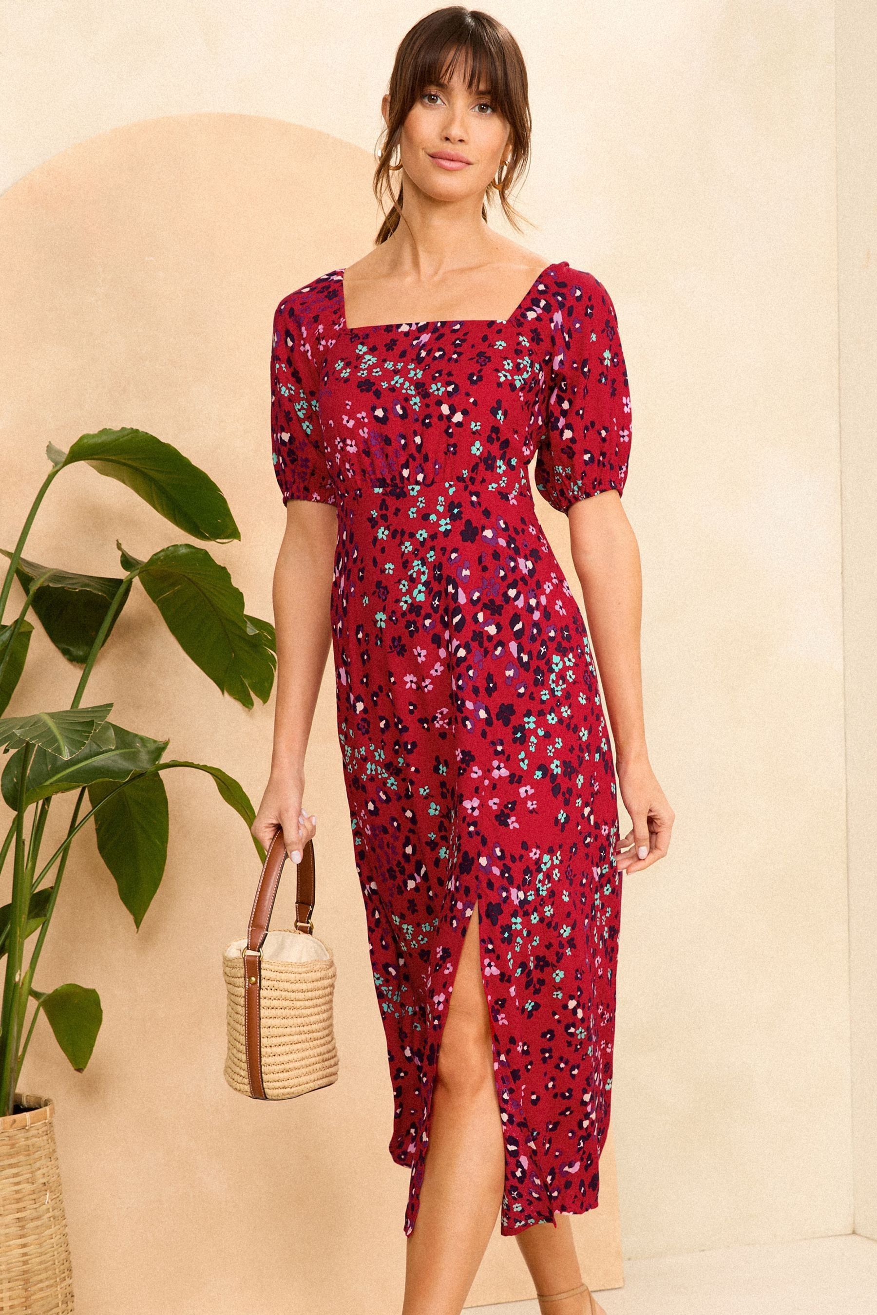 Square collar printed puff sleeve midi dress hot sale