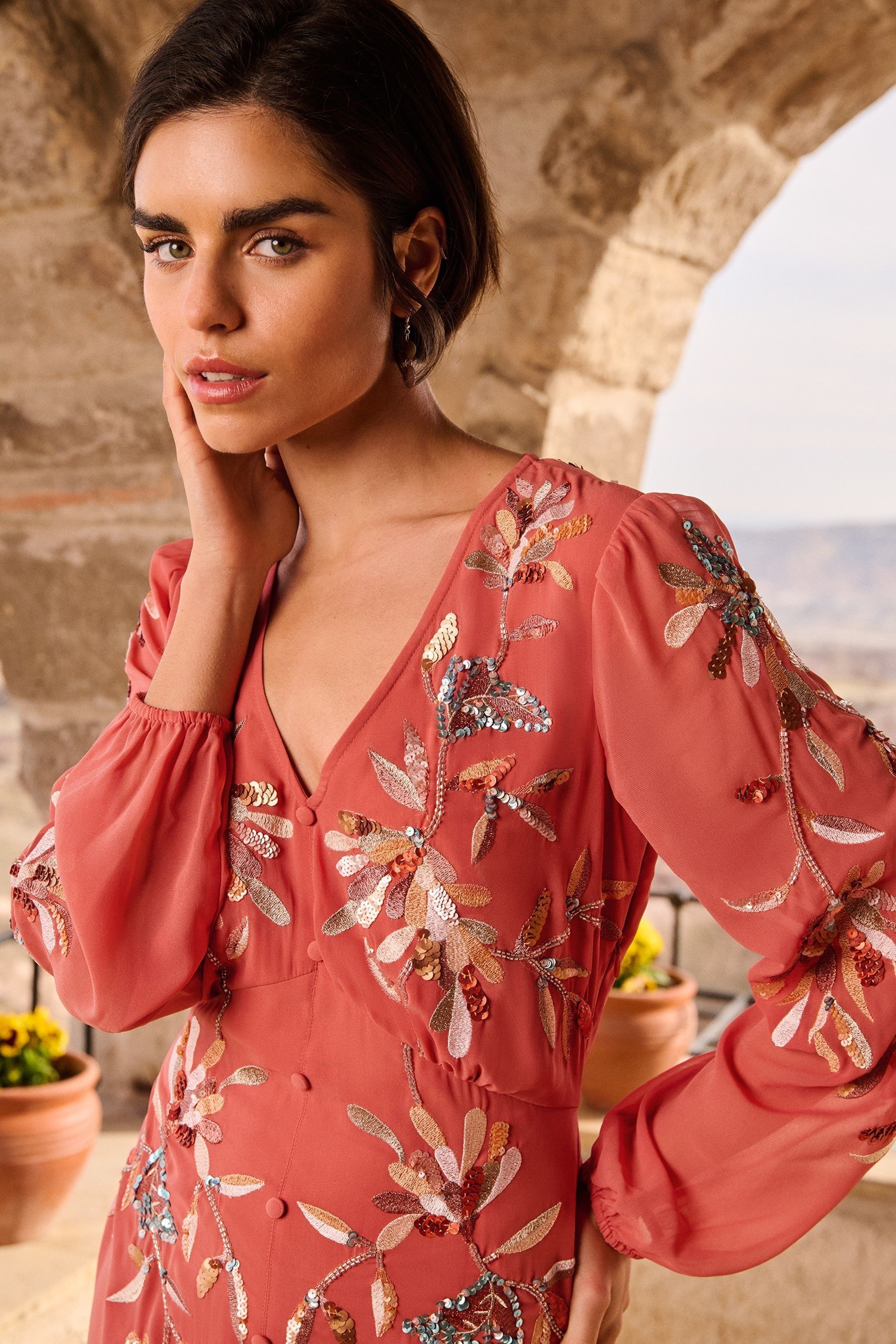 Buy Love Roses Orange Rust Embellished V Neck Long Sleeve Mini Dress from Next Luxembourg