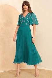 Love & Roses Green V Neck Embellished Pleated Midi Dress - Image 1 of 4