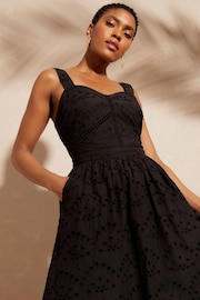 Love & Roses Black Petite Cami Corset Lace Trim Cotton Midi Dress - Image 2 of 4