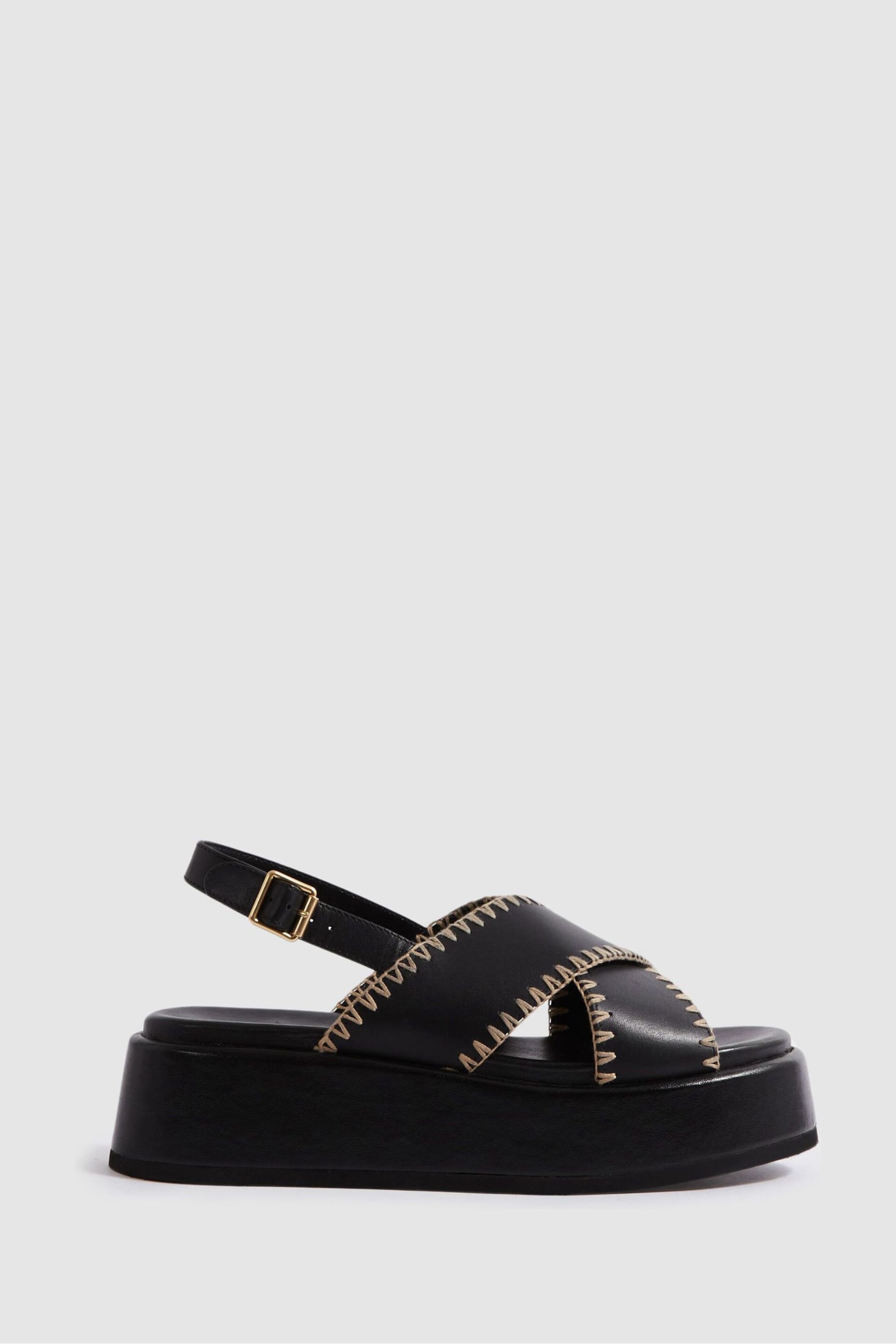 Reiss Black Melissa Leather Raffia Stitch Platform Sandals - Image 1 of 5