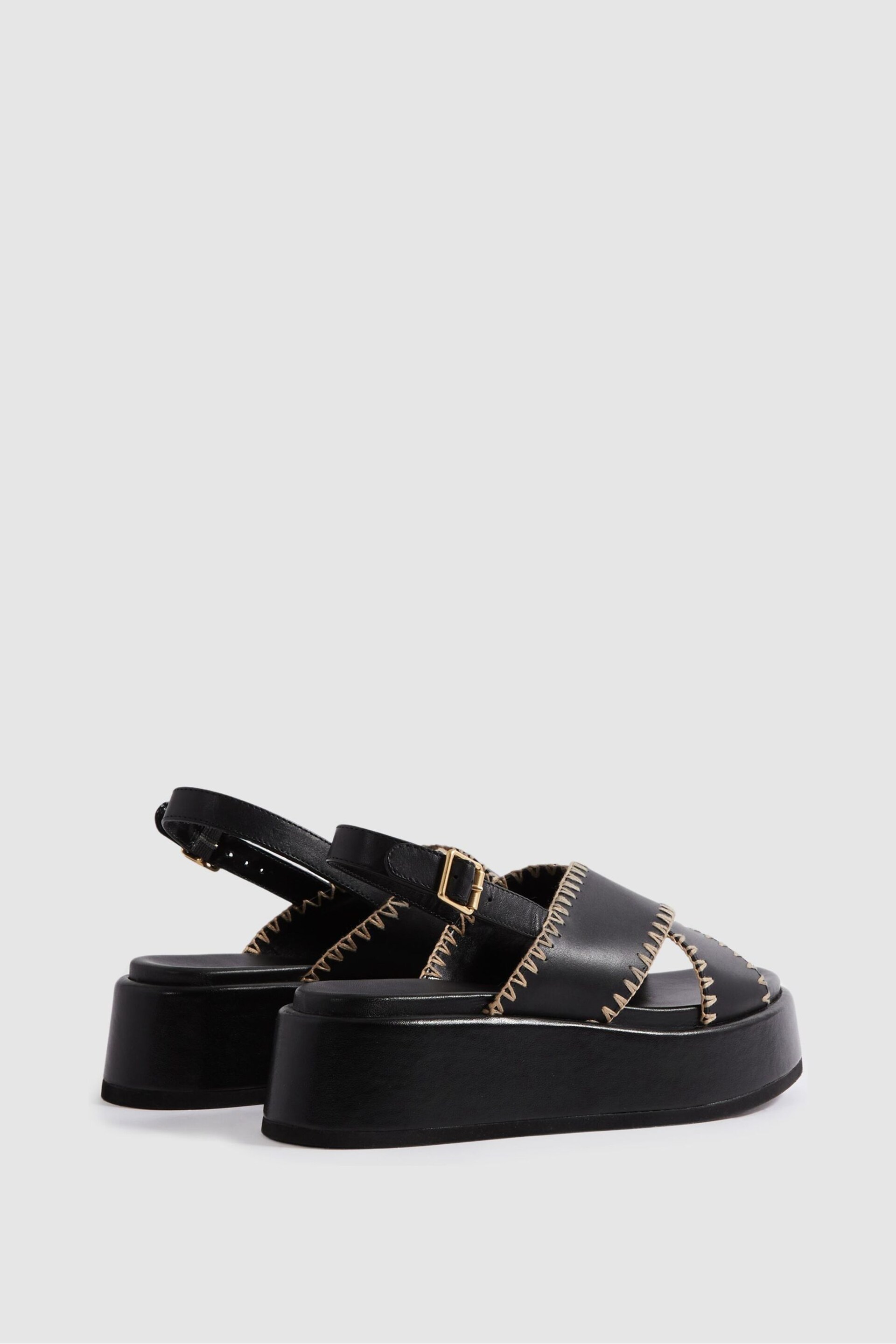 Reiss Black Melissa Leather Raffia Stitch Platform Sandals - Image 4 of 5