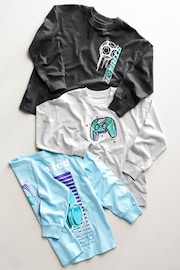 Blue/ Grey Headphones Graphic 100% Cotton Long Sleeve T-Shirts 3 Pack (3-16yrs) - Image 1 of 1