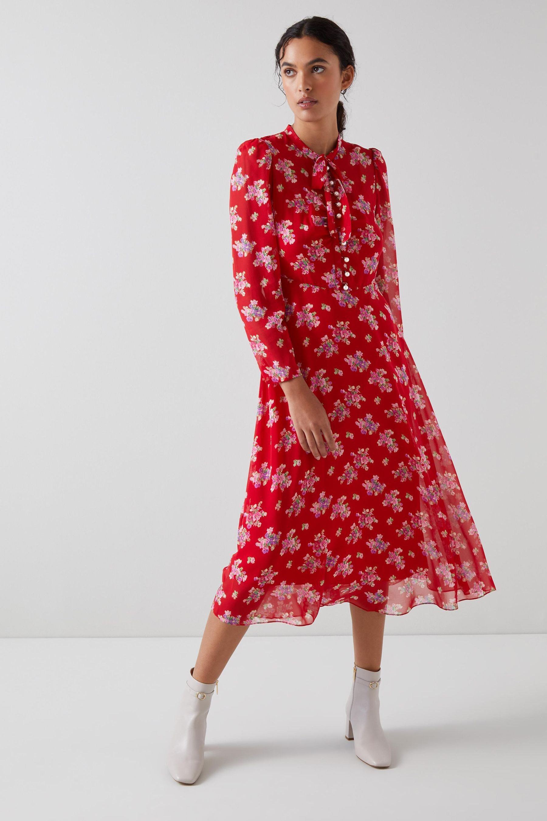 Red floral silk dress hotsell